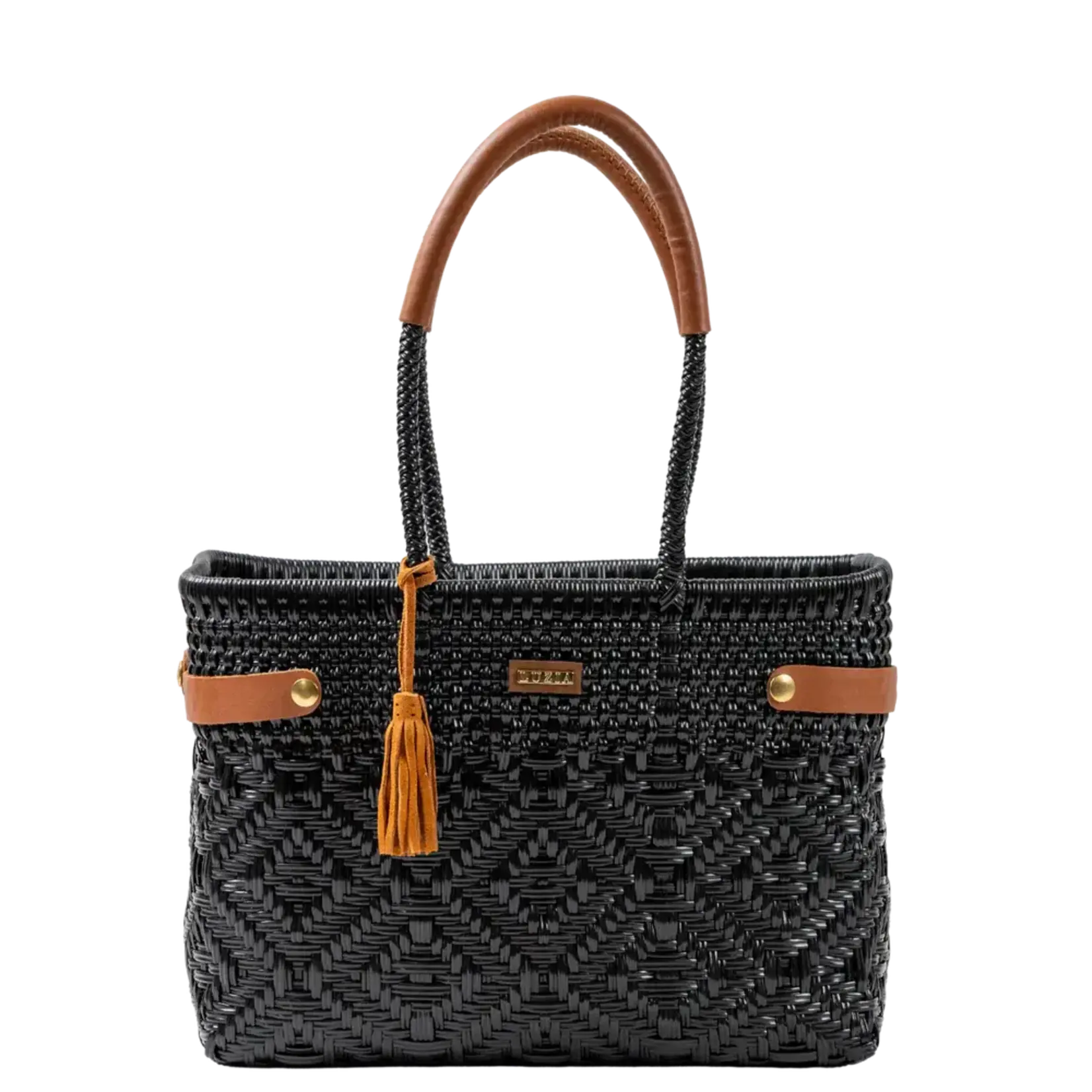 Luzia Collection Basket Tote Braided Black Leather Cognac
