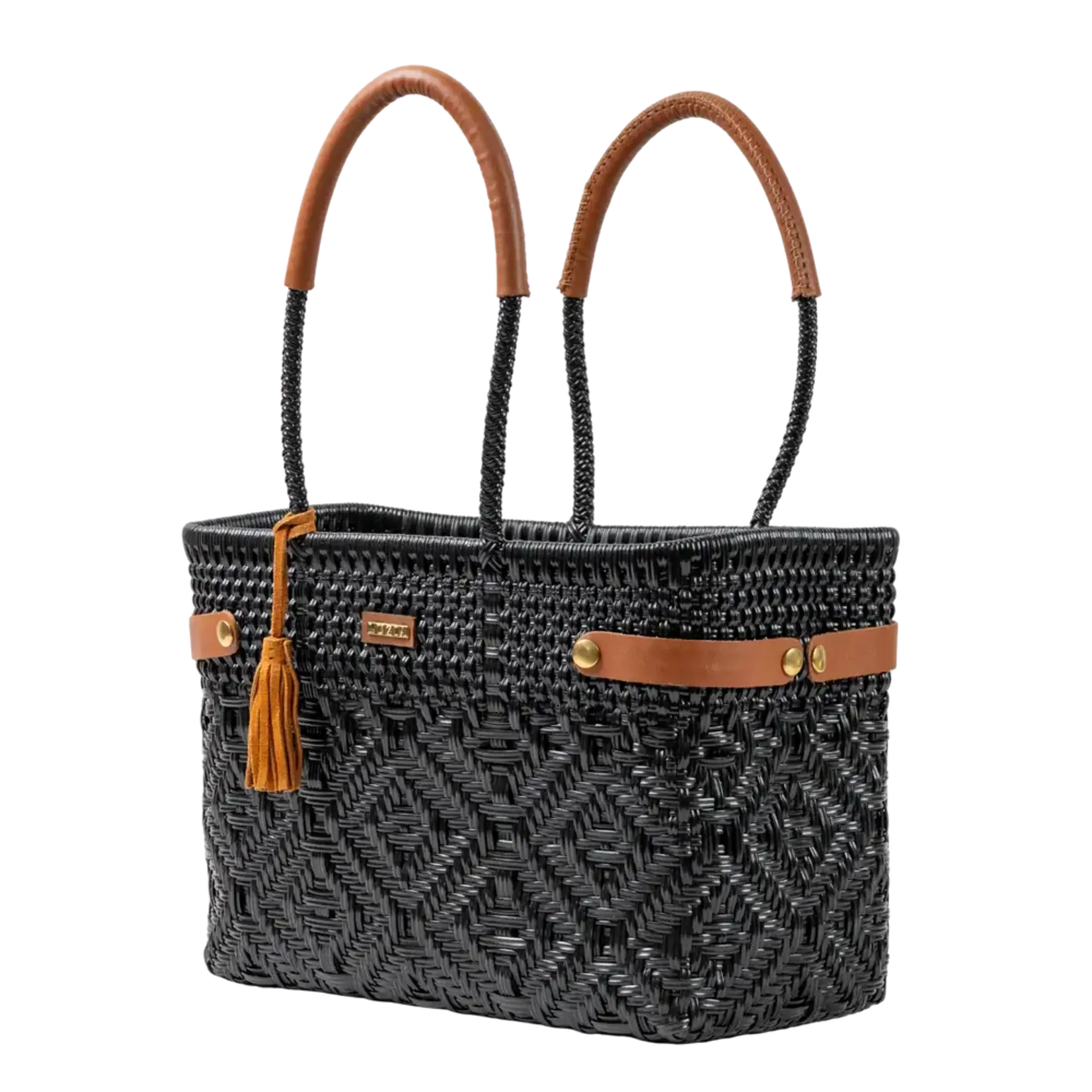 Luzia Collection Basket Tote Braided Black Leather Cognac