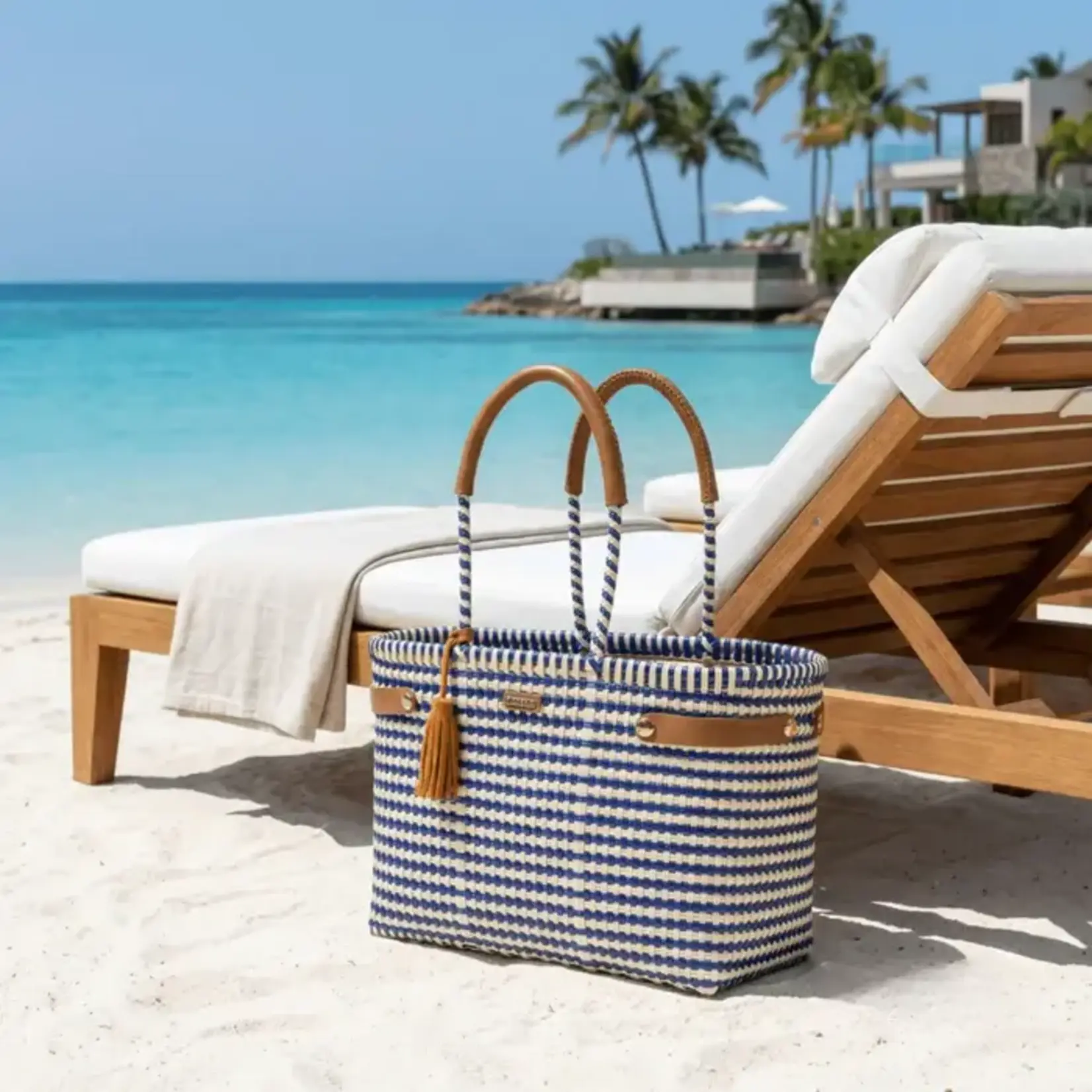 Luzia Collection Basket Tote Lines Navy Blue Beige