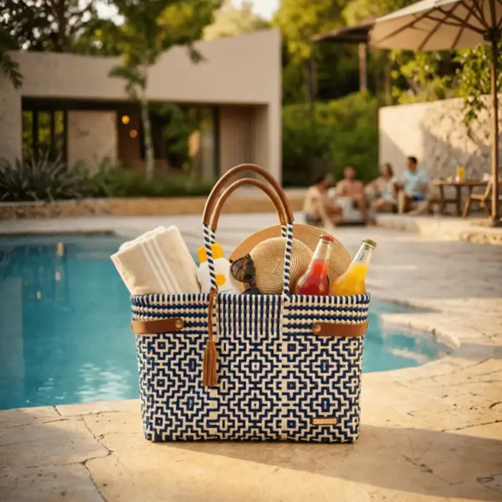 Luzia Collection Basket Jumbo Tote Cross Diamond Navy Blue Beige