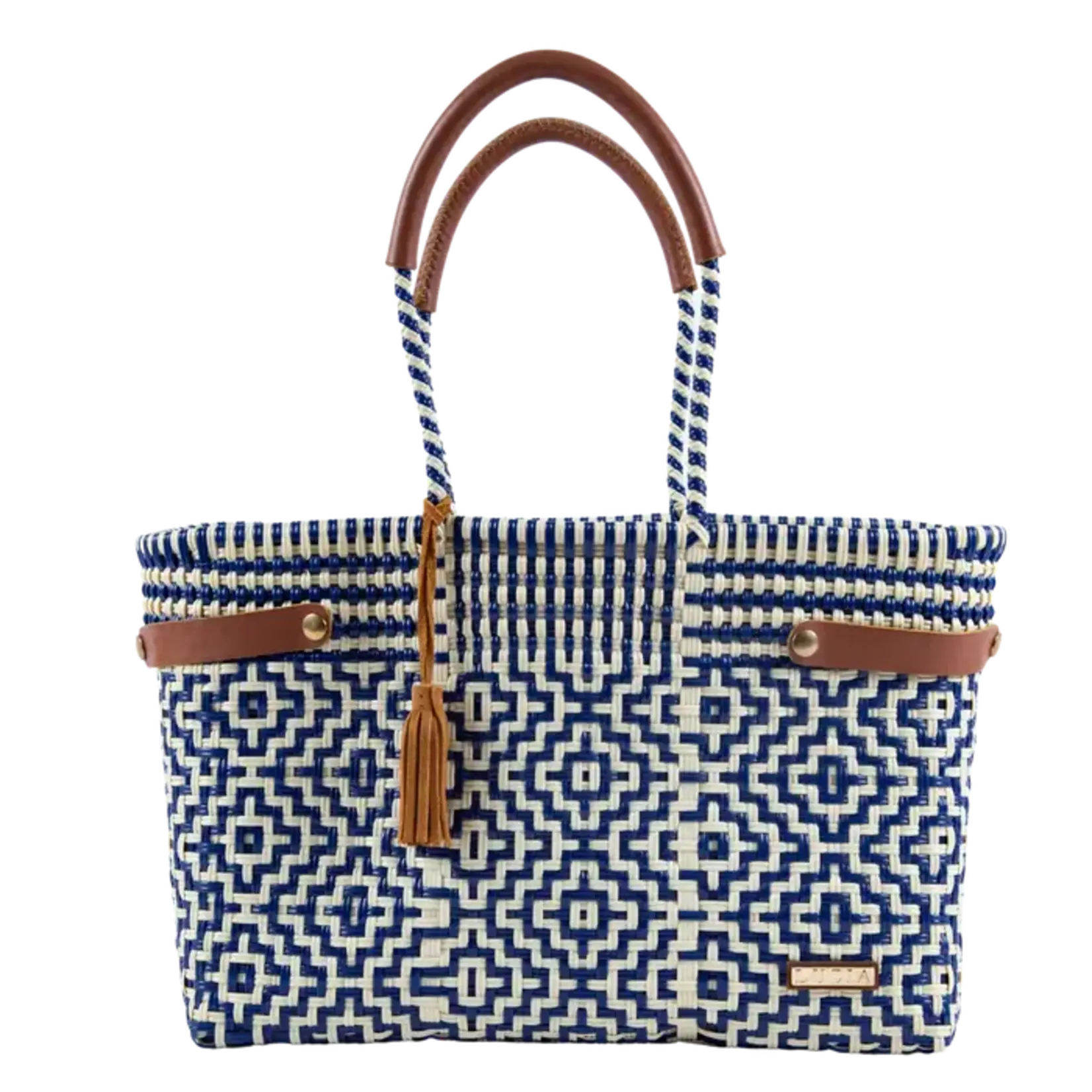 Luzia Collection Basket Jumbo Tote Cross Diamond Navy Blue Beige