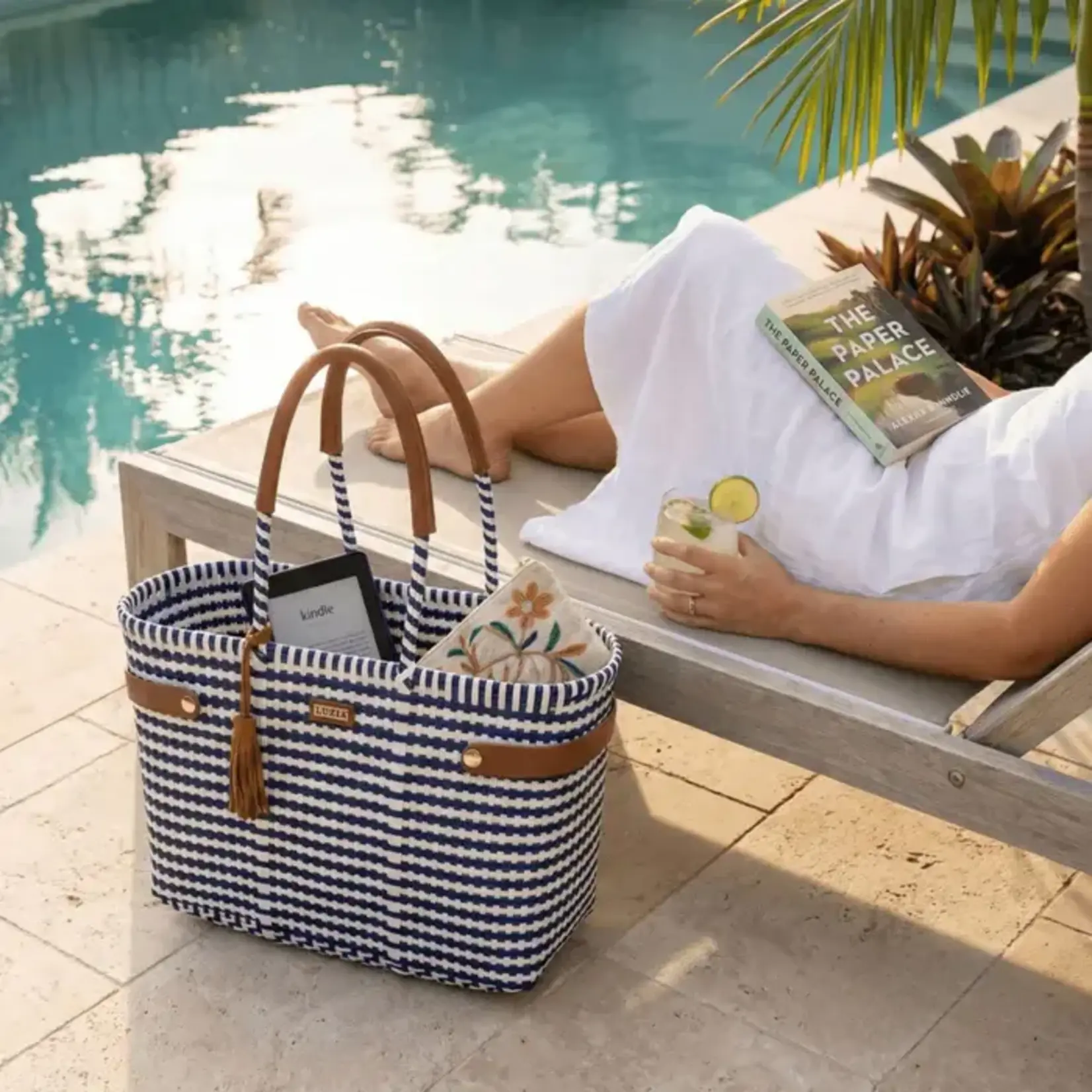 Luzia Collection Basket Tote Lines Navy Blue White