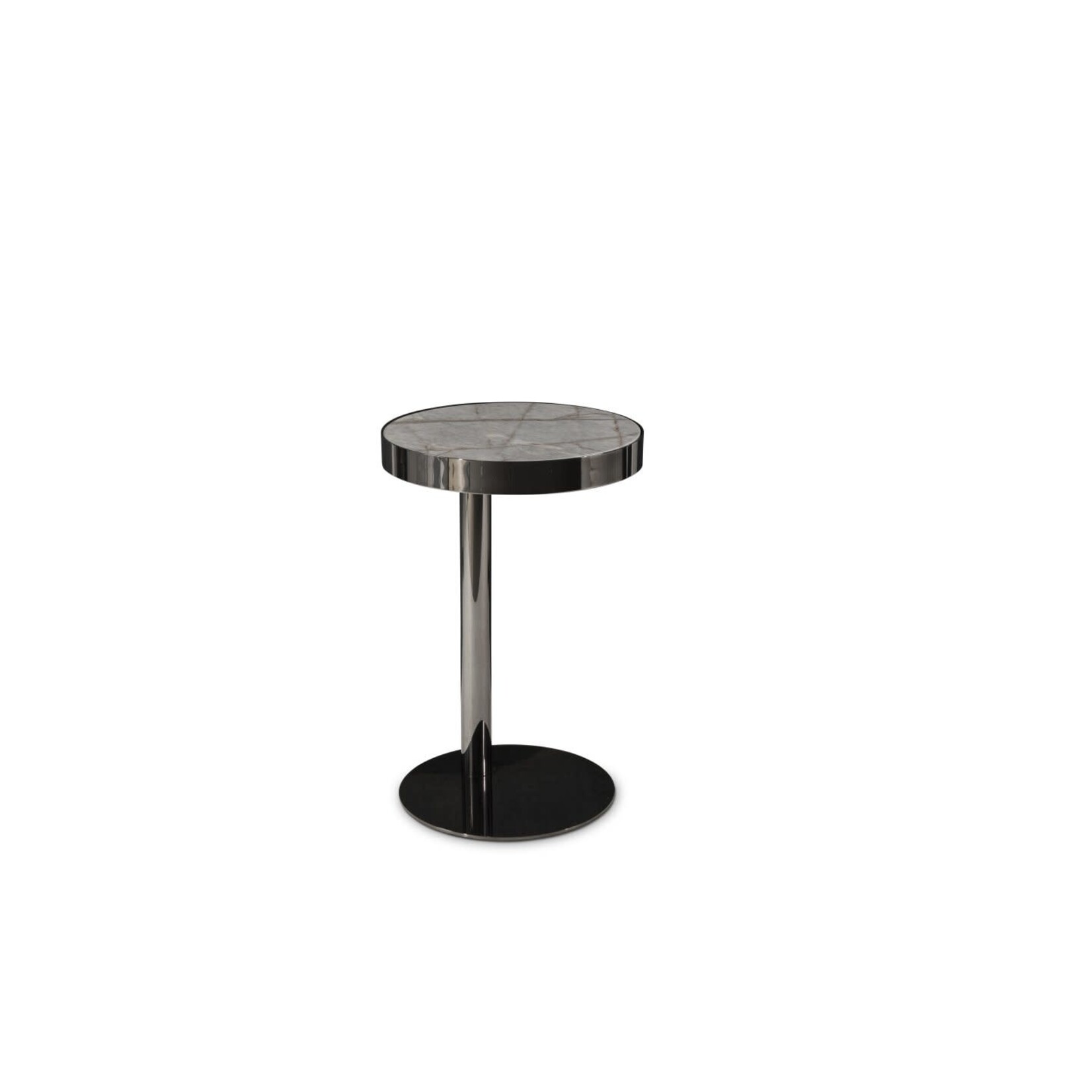 Stone International Telescope Round Gun Metal Base Midnight Gray Marble Accent Table