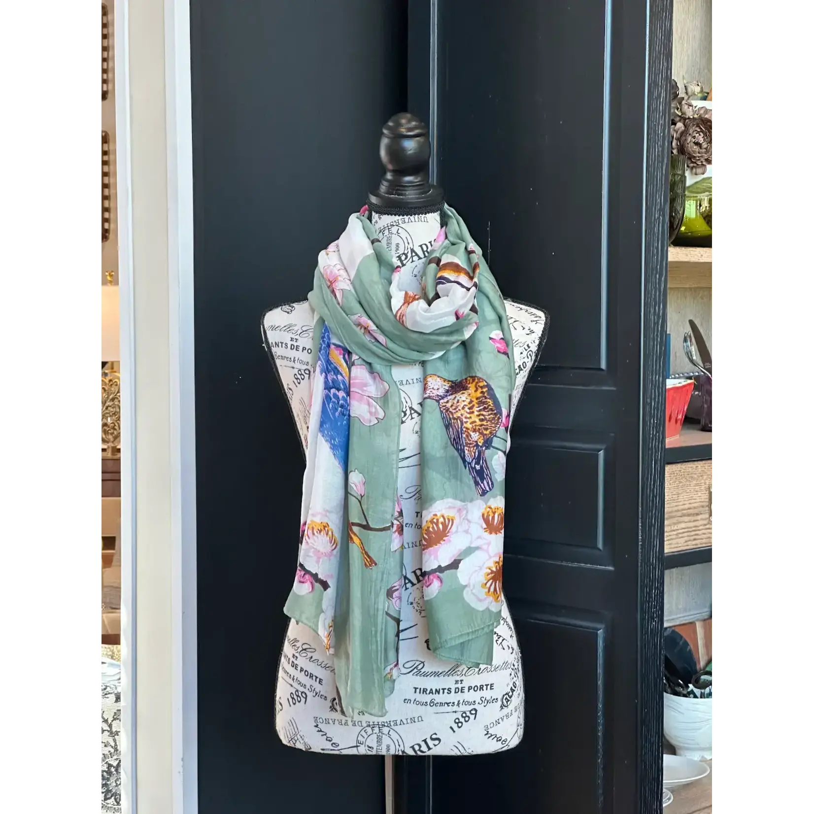 2CHIC Sage Green & White Blossom & Bird Scarf