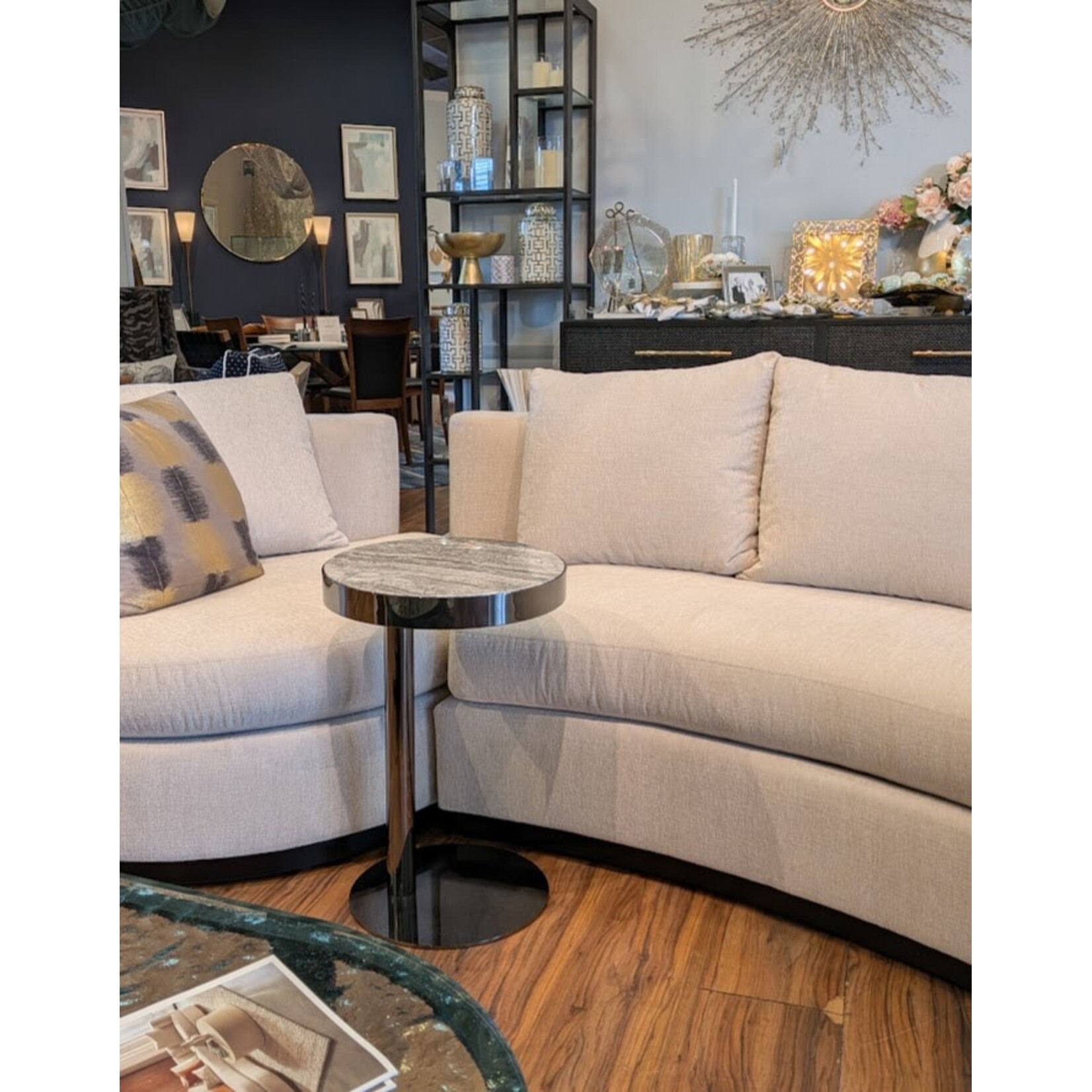 Stone International Telescope Round Gun Metal Base Midnight Gray Marble Accent Table