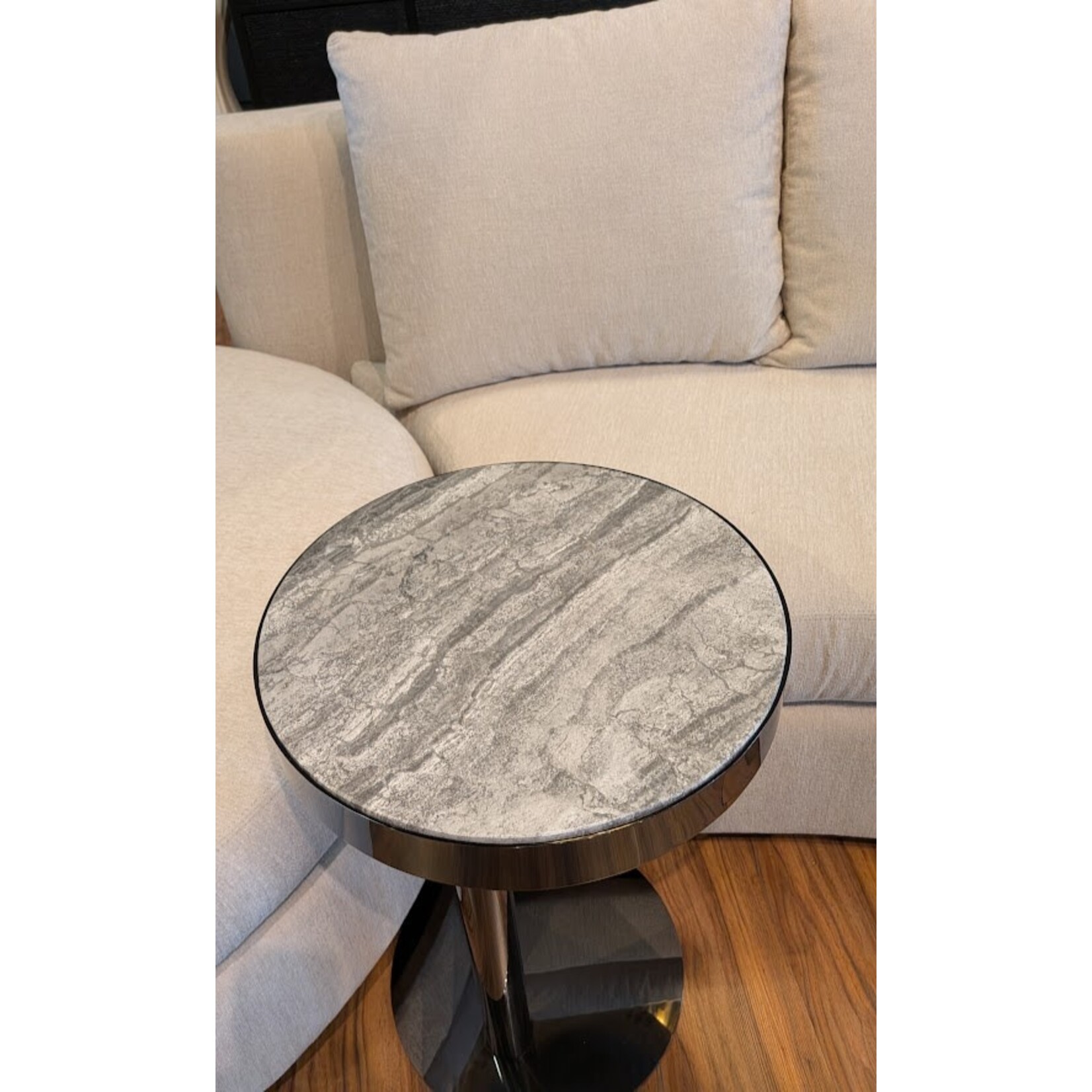 Stone International Telescope Round Gun Metal Base Midnight Gray Marble Accent Table