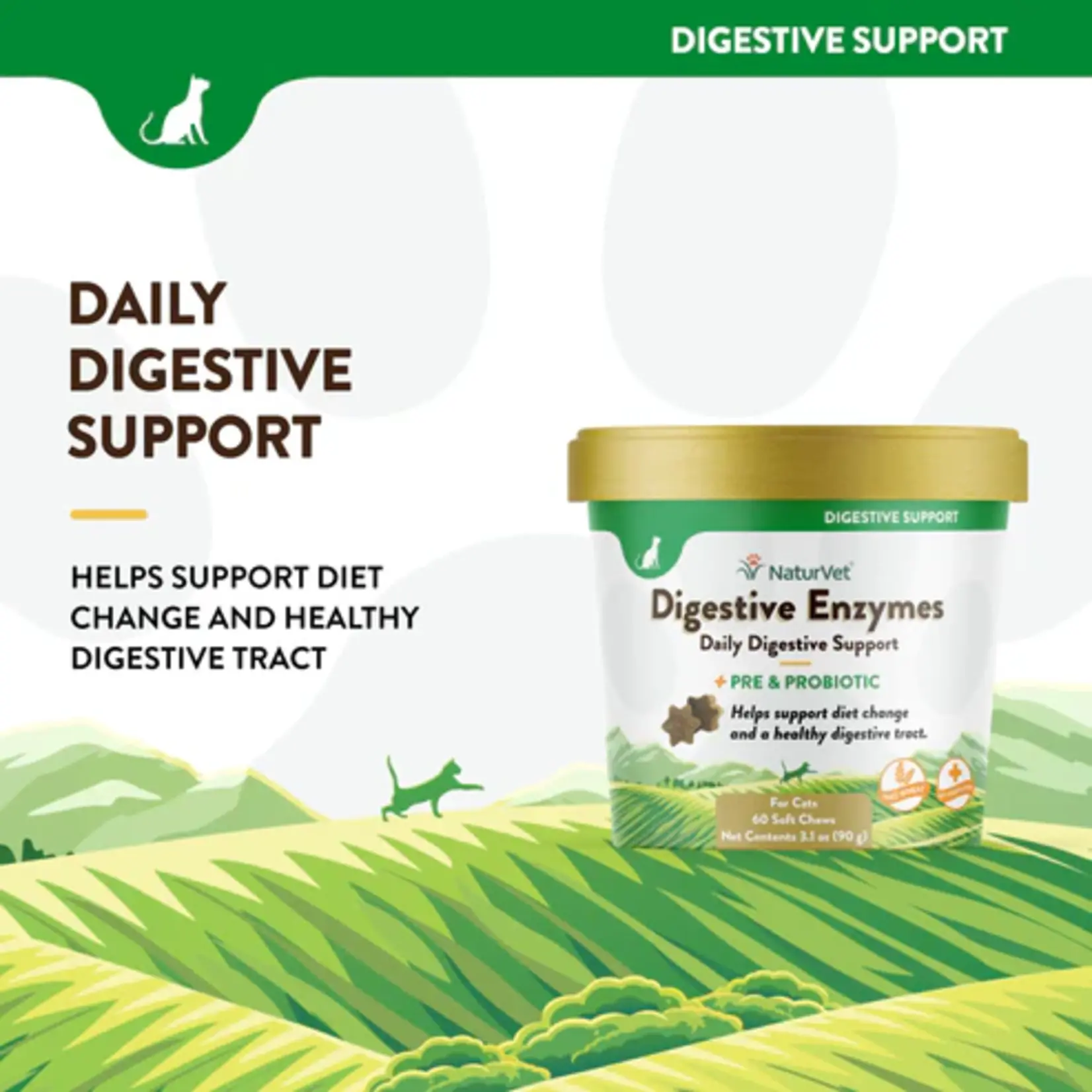NaturVet Cat Soft Chews Digestive Enzymes 60ct Plus Probiotic Pets are Home