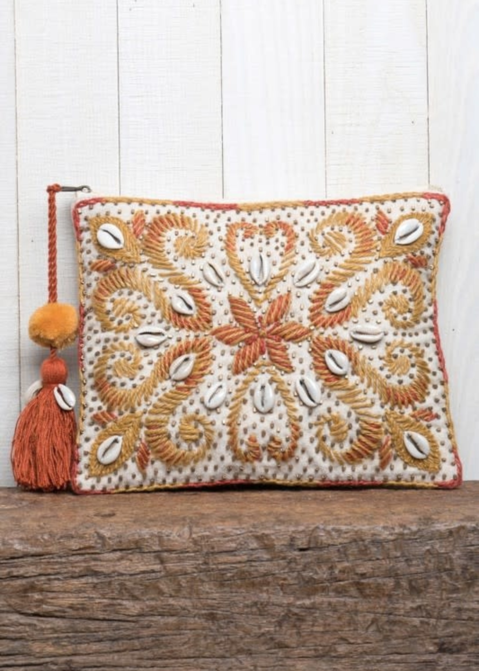 Hand Embroidered Shell Throw Clutch