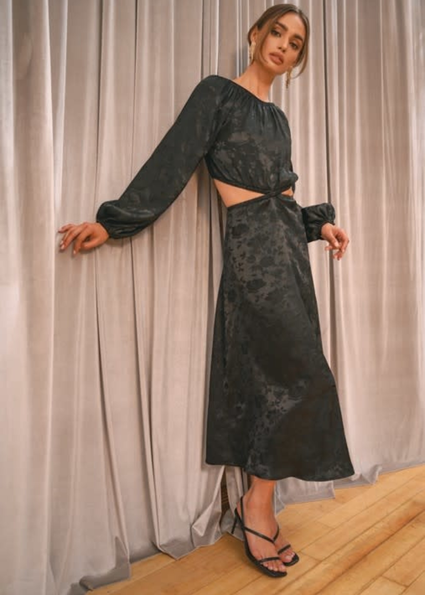 Black Floral Long Sleeve Waist Cut Out Maxi Dress