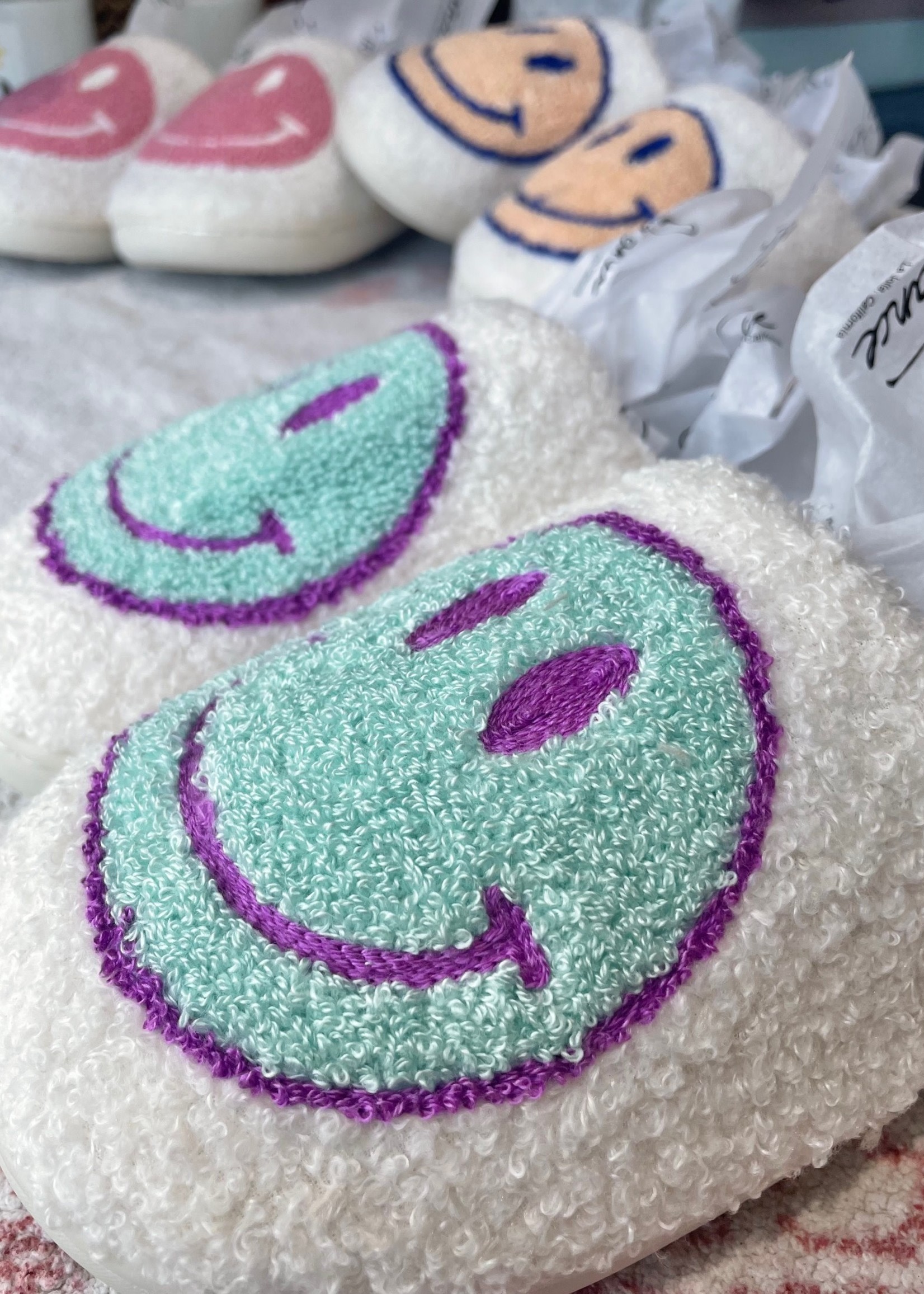 Teal/Purple Smiley Face Slippers