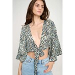 Miley & Molly Wide Ruffle Sleeves Tie Front Crop Cardigan In Leopard Satin