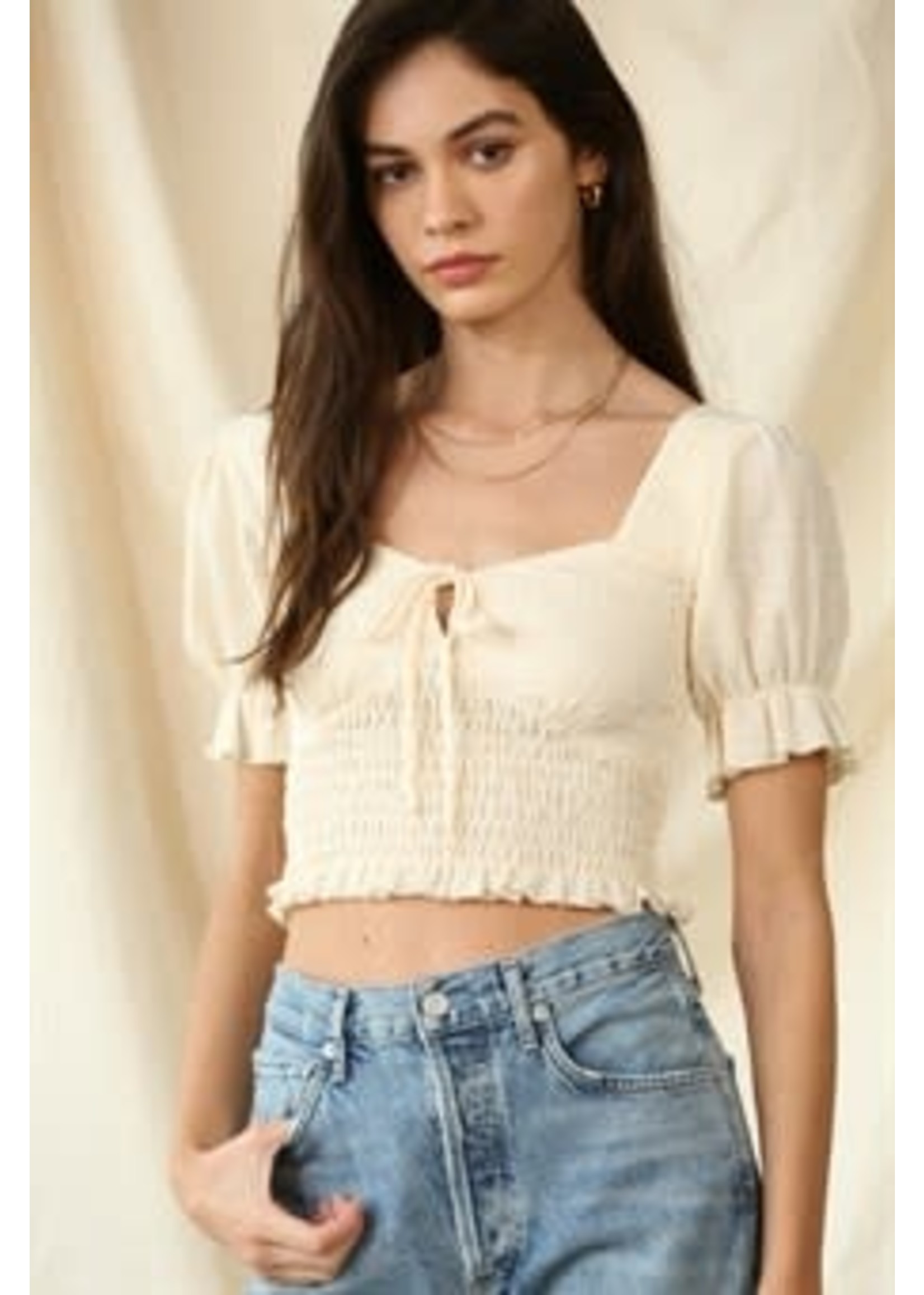 Woven Gauze Smocked Short Sleeve Top