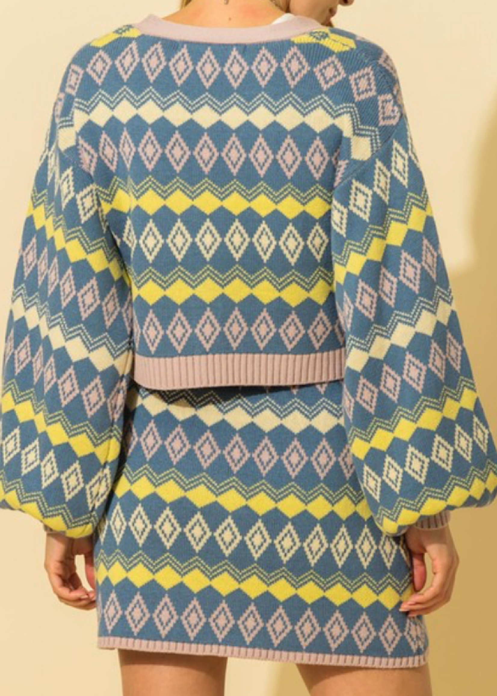 Print Crop Cardigan Mini Skirt Sweater Set