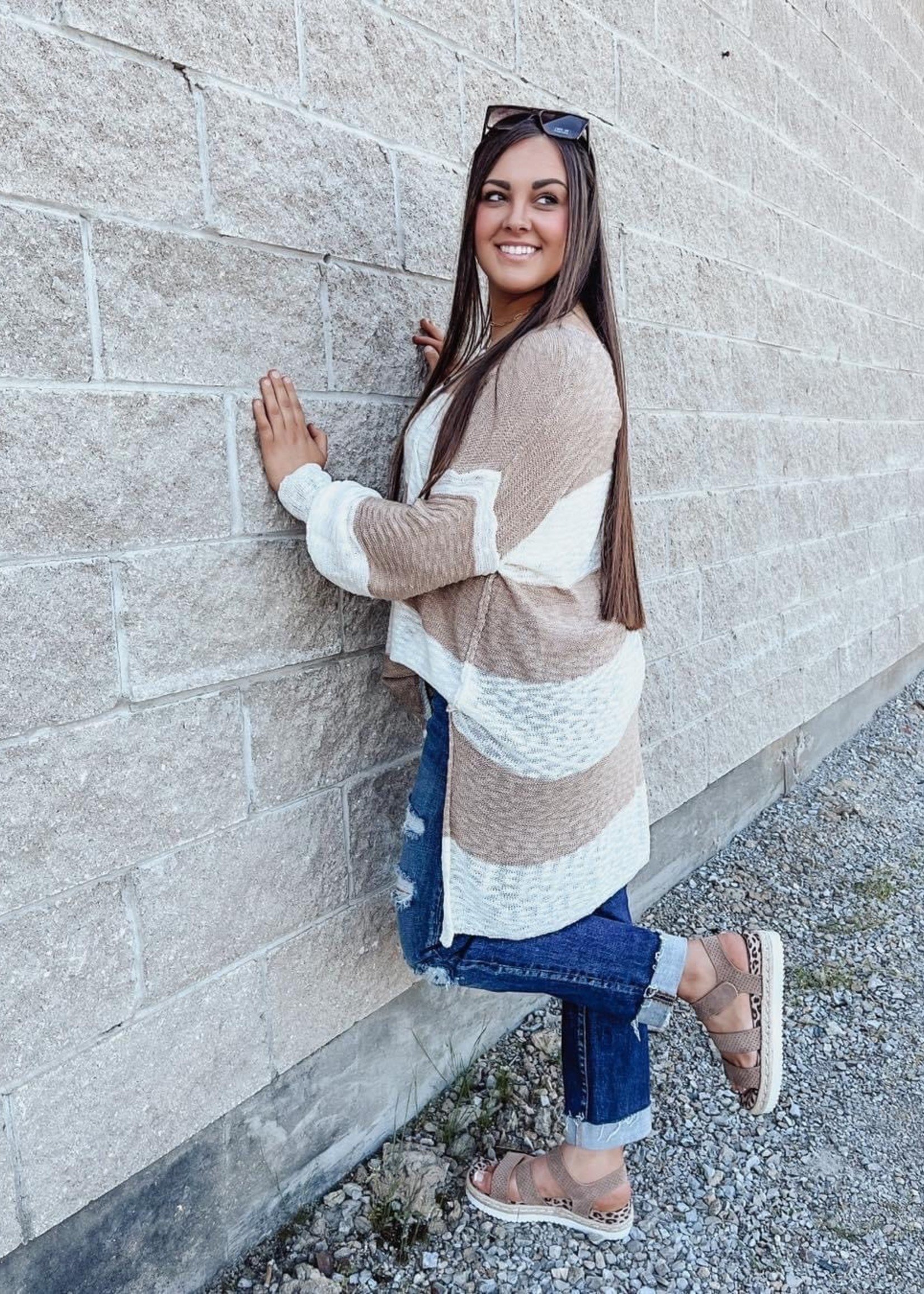 Taupe Unbalanced Loose Fit Striped Sweater