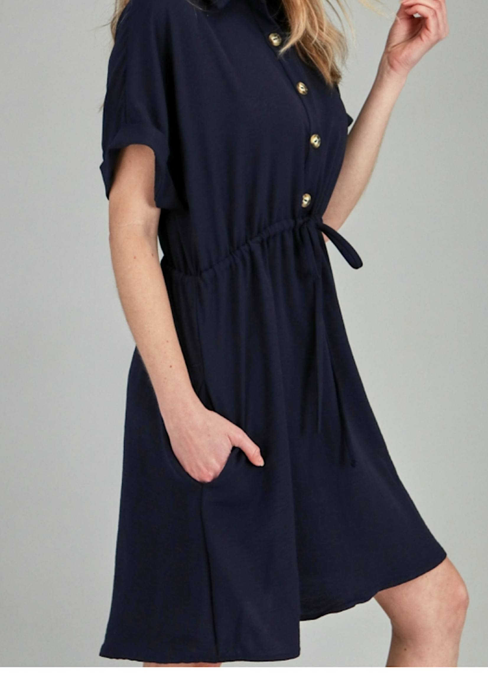 + Navy Solid Woven Button Dress with Pocket