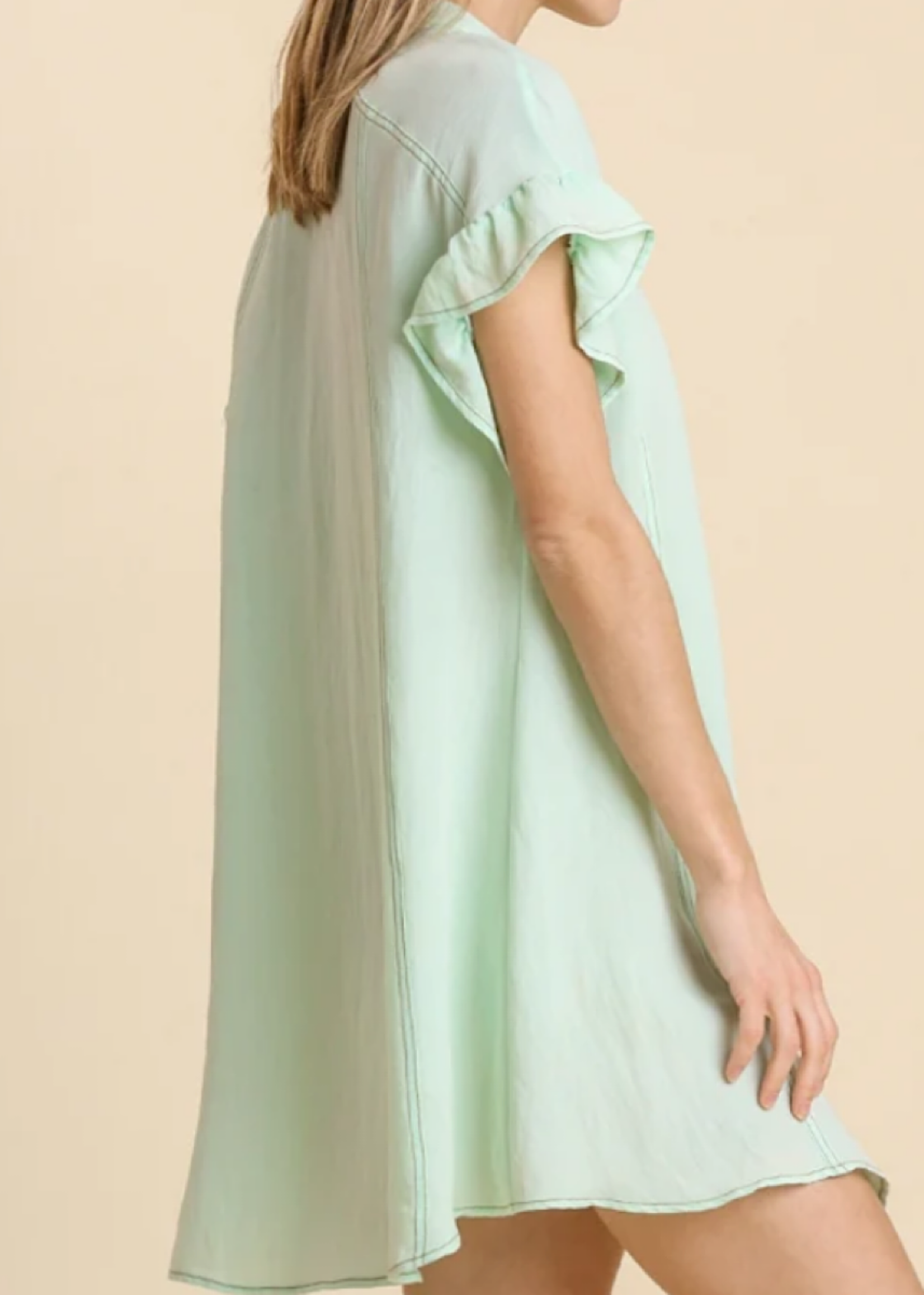 Ice Mint Button Down Dress With Ruffled Sleeve