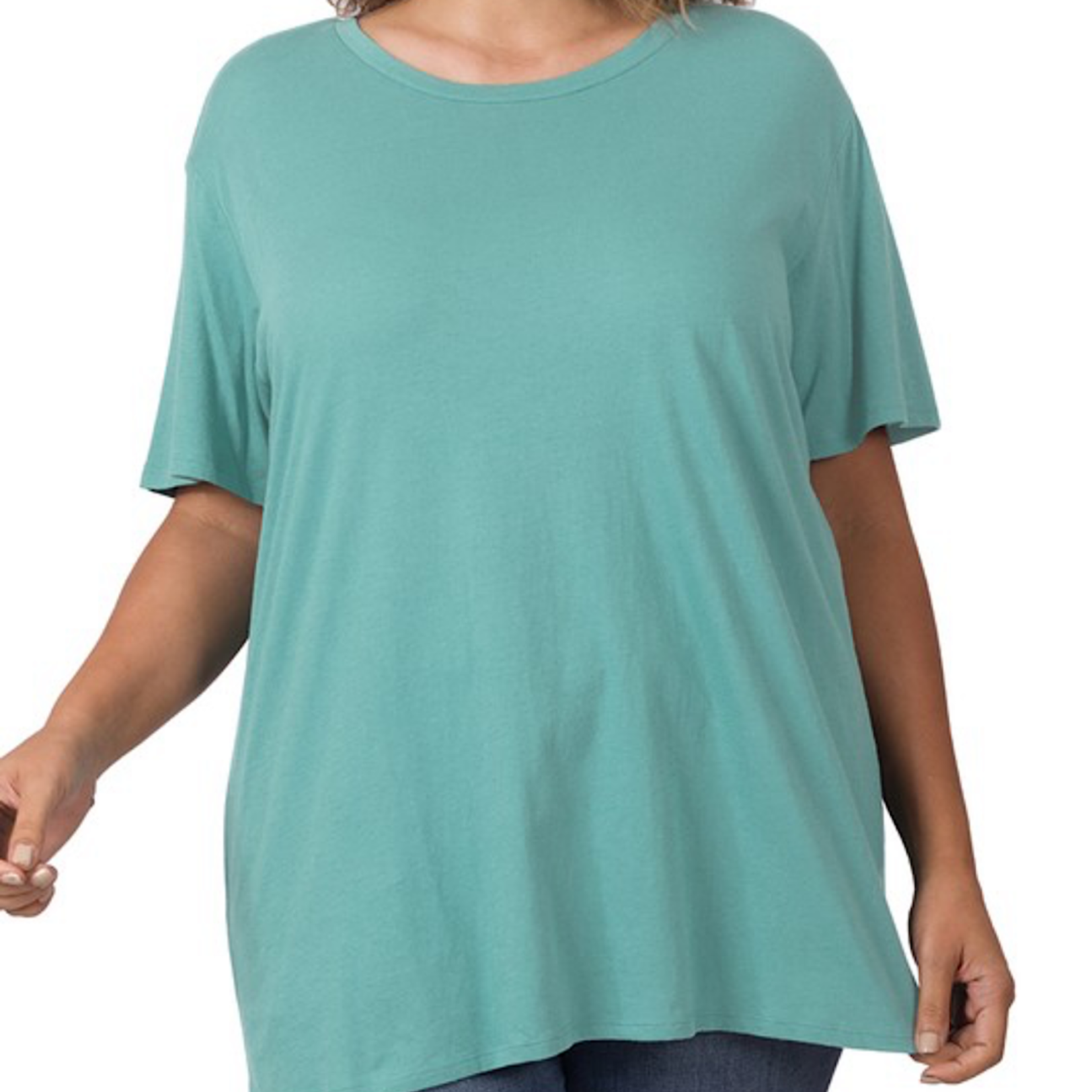 Plus Dusty Teal Cotton Boyfriend Round Neck Tee