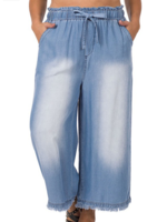 Plus Medium Chambray Paper bag Waist Wide Leg Cropped Pants