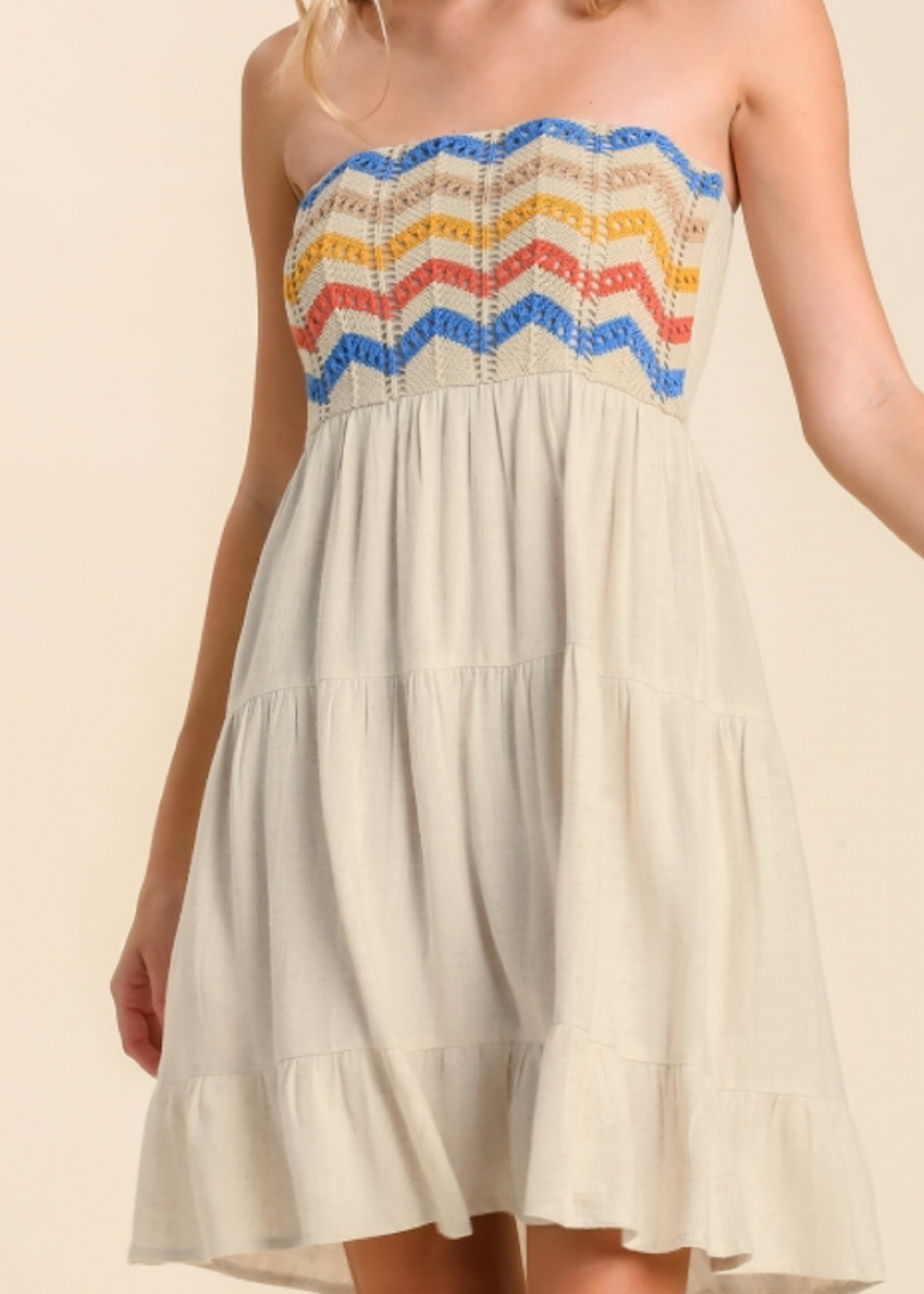 Oatmeal Crochet Colorful Strapless Linen Blend Dress