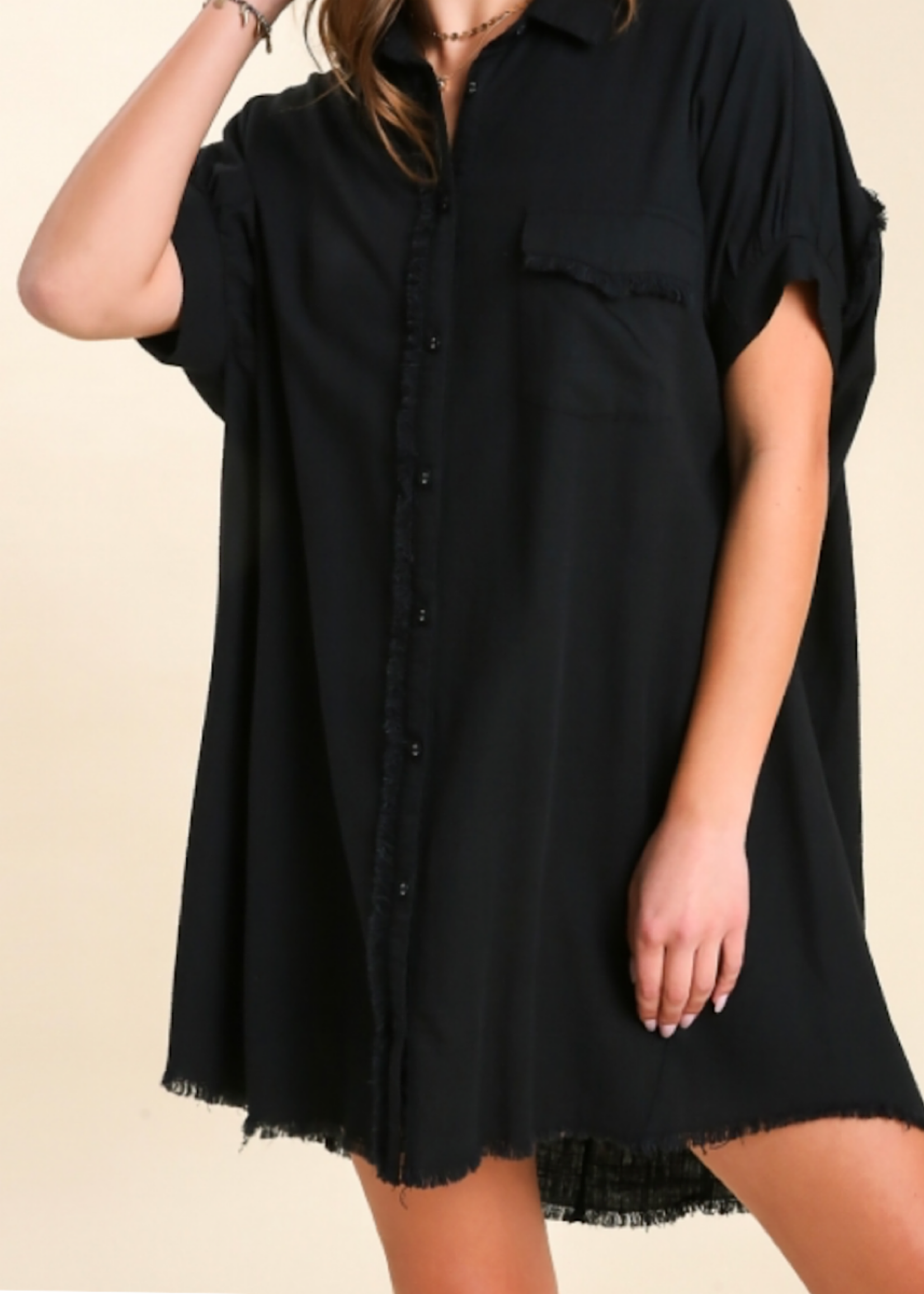 Black Button Down Dress With Frayed Detail