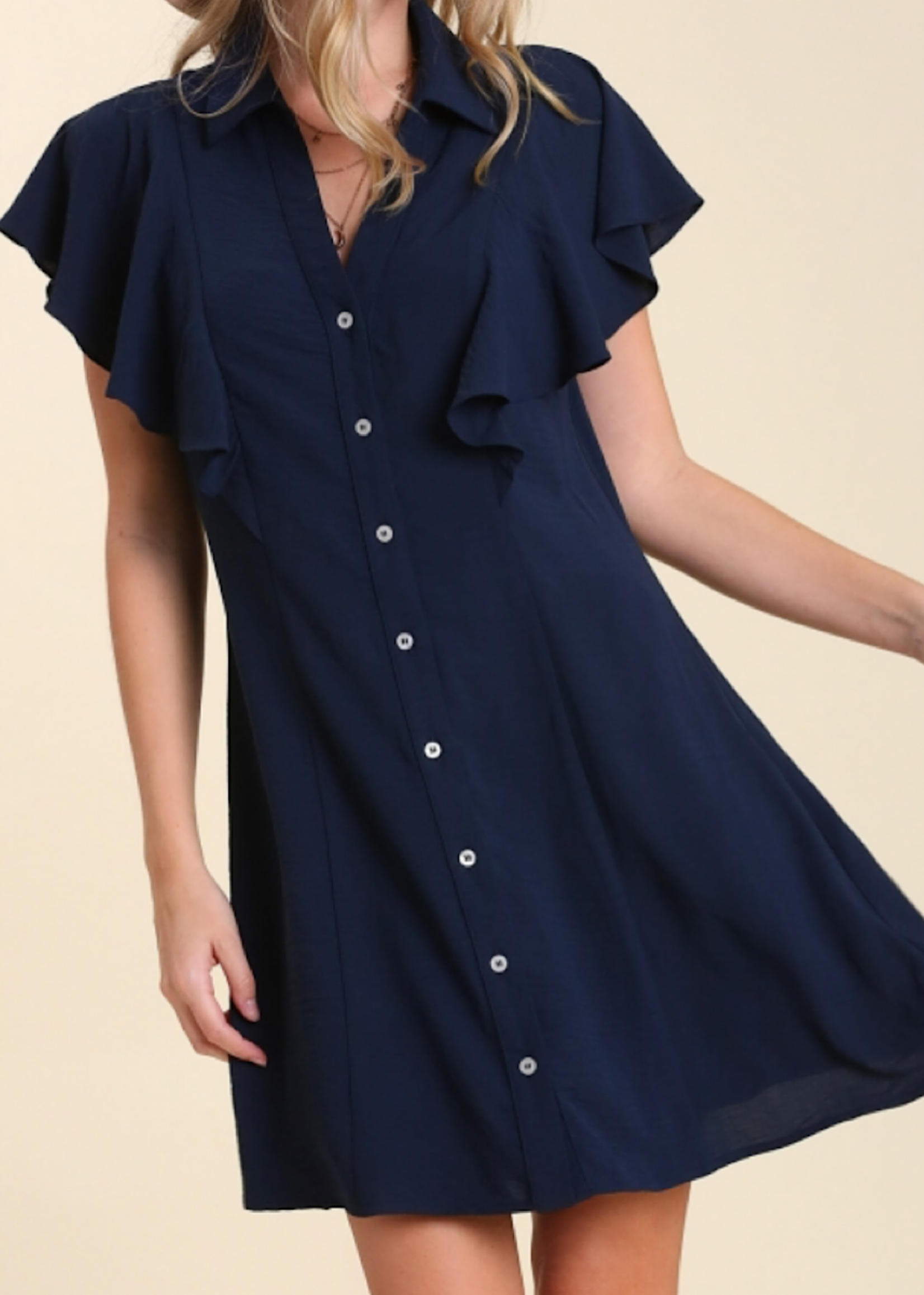 Navy V-Neck Button Down Dress With Ruffle Sleeves