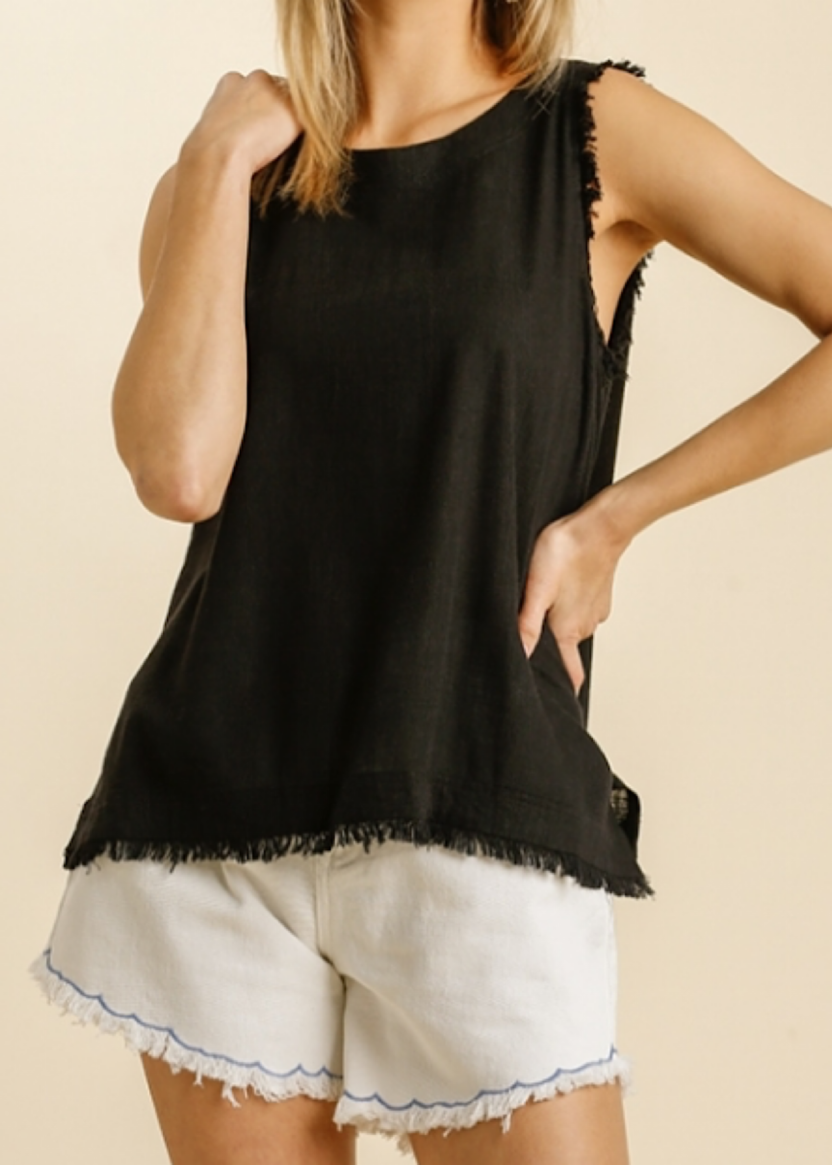 Black Tank With Frayed Hem And Button Up Back