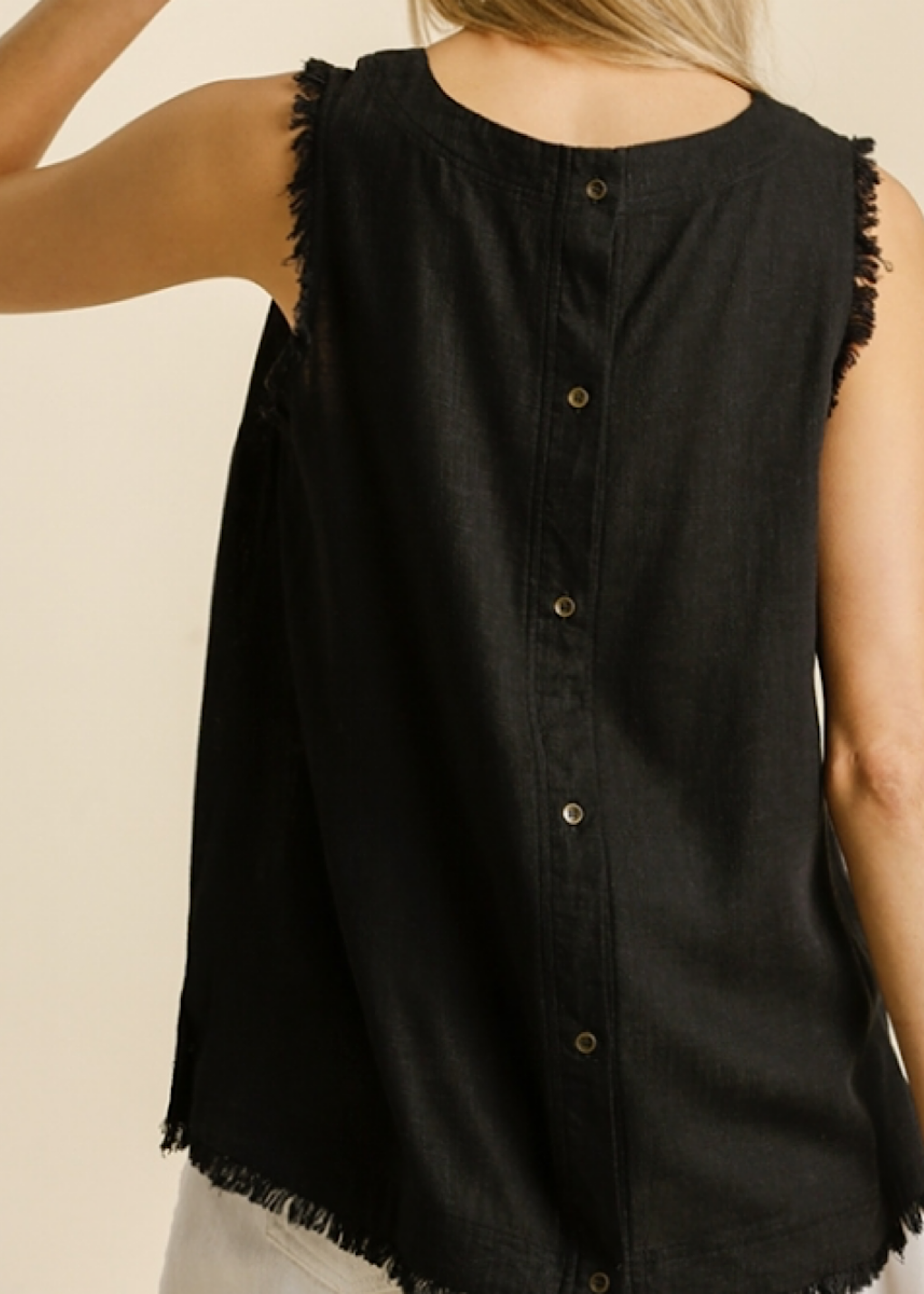 Black Tank With Frayed Hem And Button Up Back