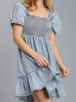 Light Denim Puffed Sleeve With Smock Detail