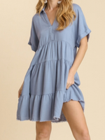 Dusty Blue V-Neck Linen Blend Tiered Dress
