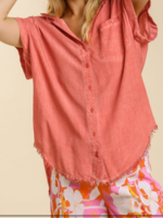 Sunset Washed Button Up S/S Top With Frayed Hemline