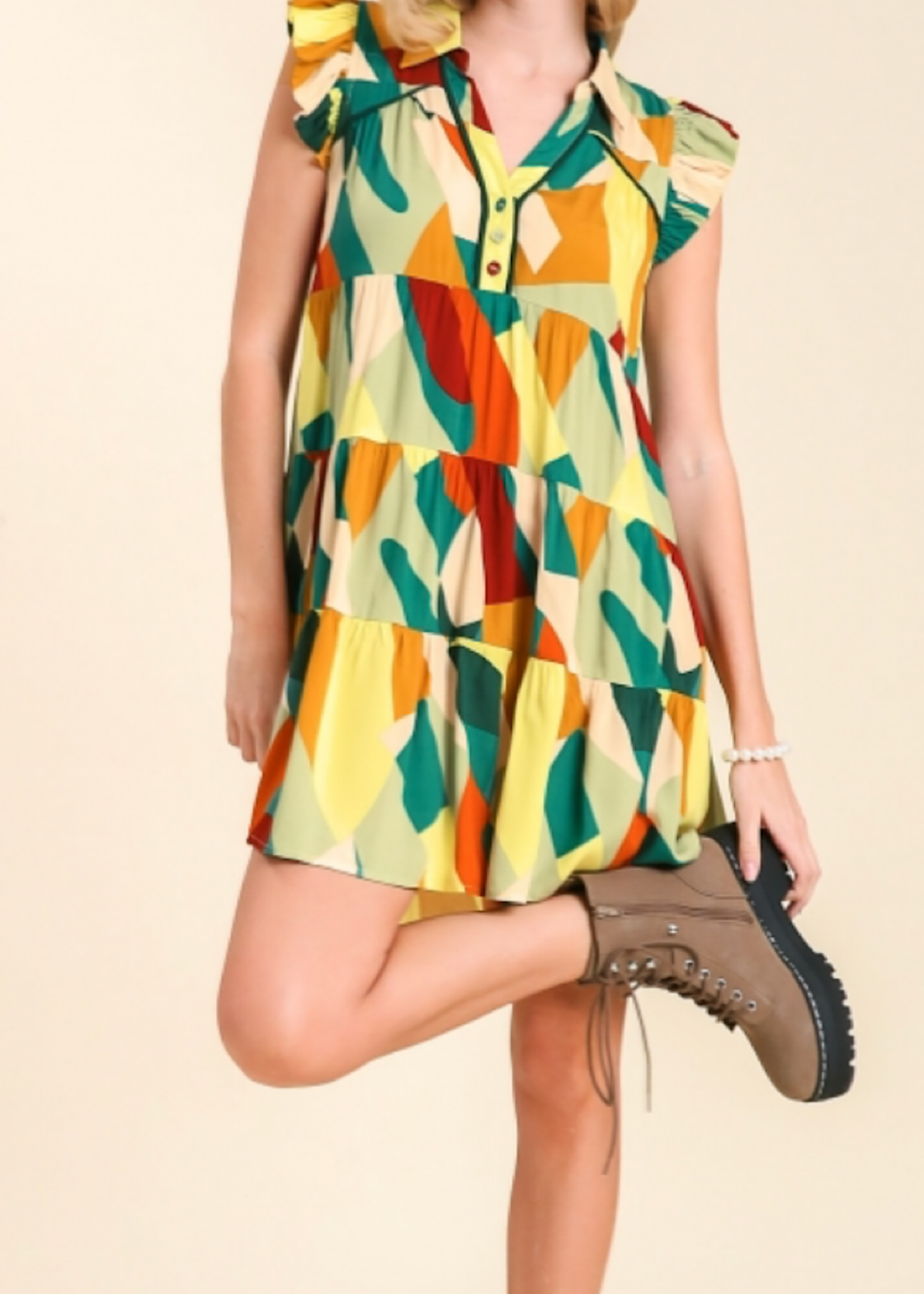 Teal/Sage Multi Color Abstract Print Dress