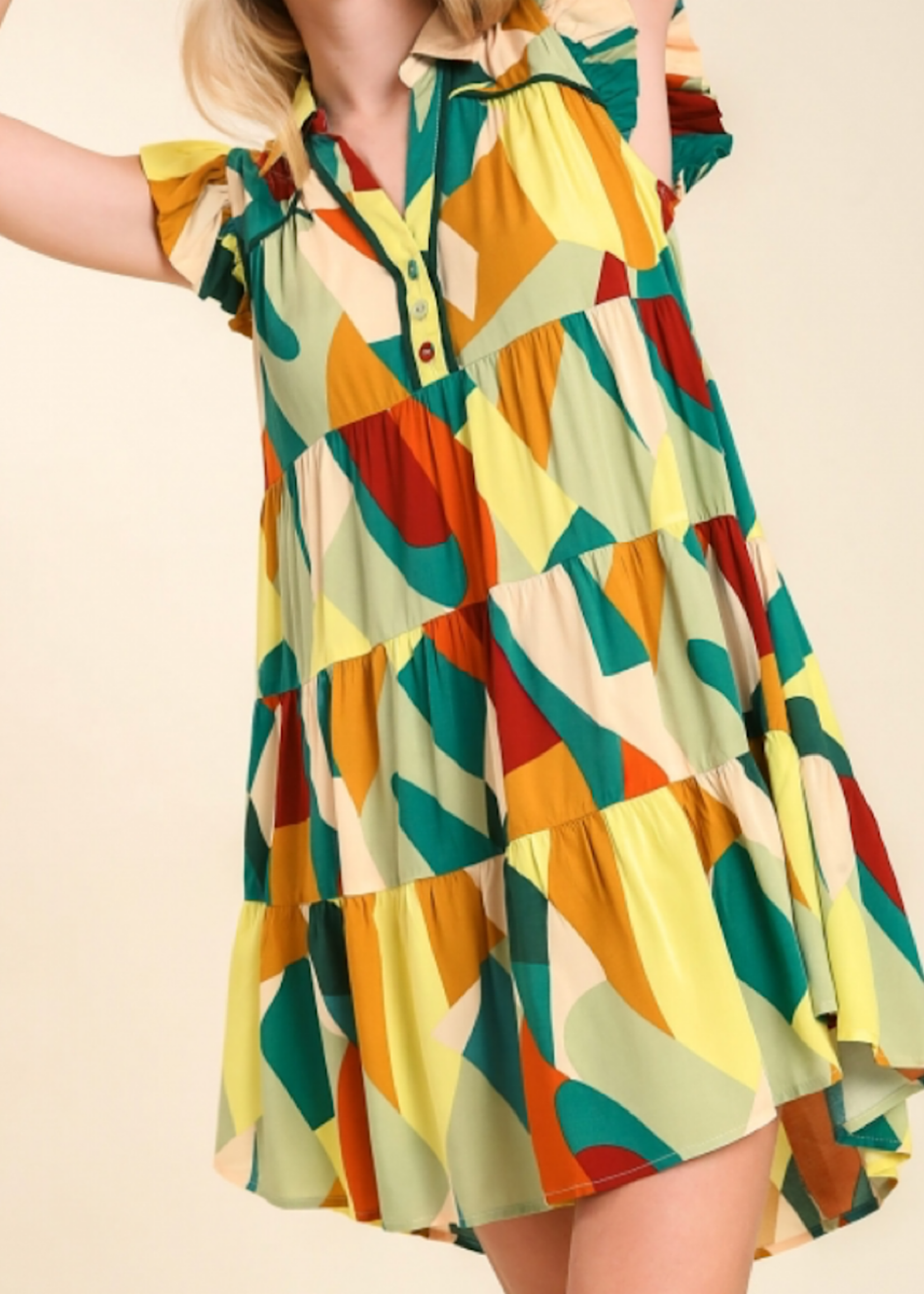Teal/Sage Multi Color Abstract Print Dress