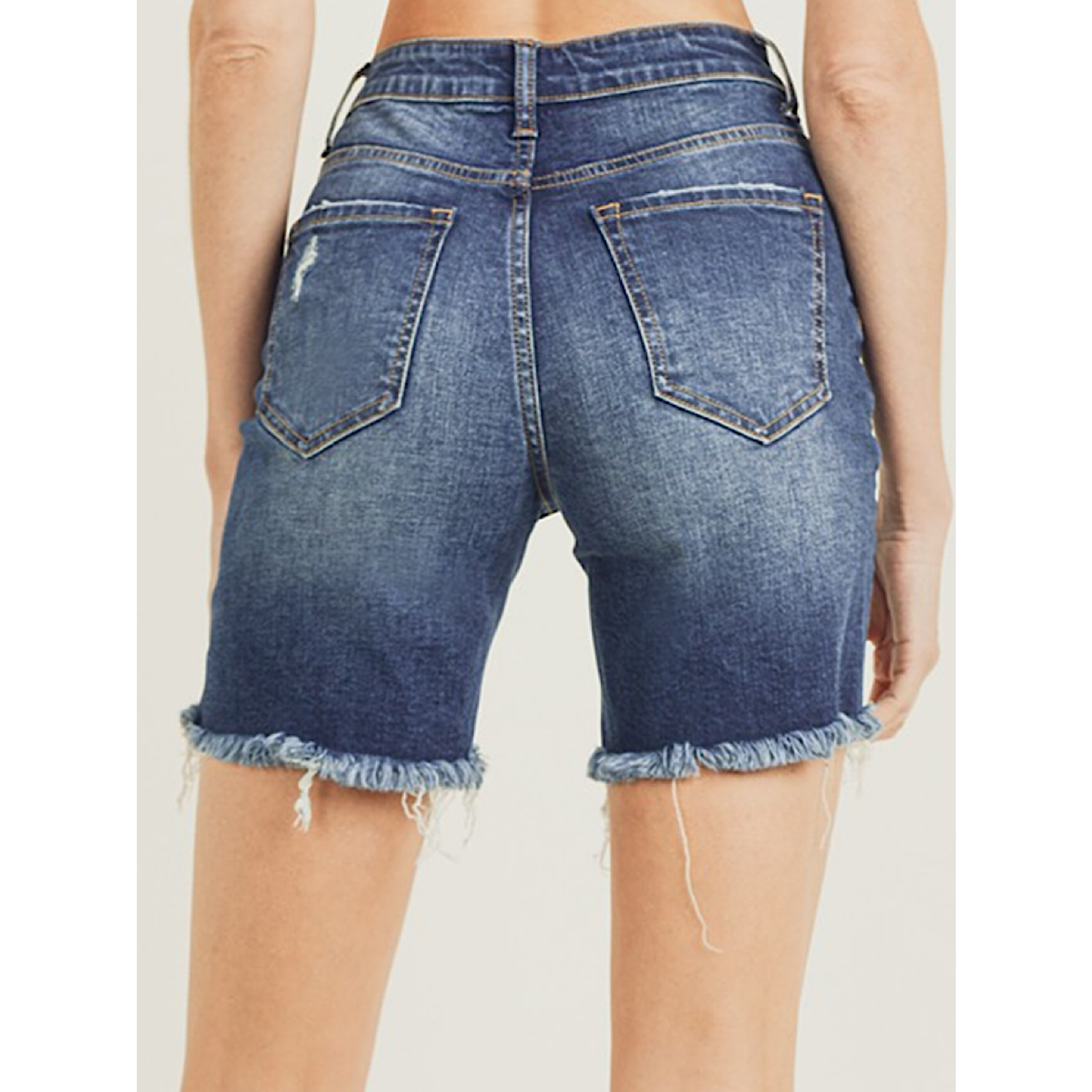 Risen Medium Wash High Waist Distressed Long Shorts RDS1052