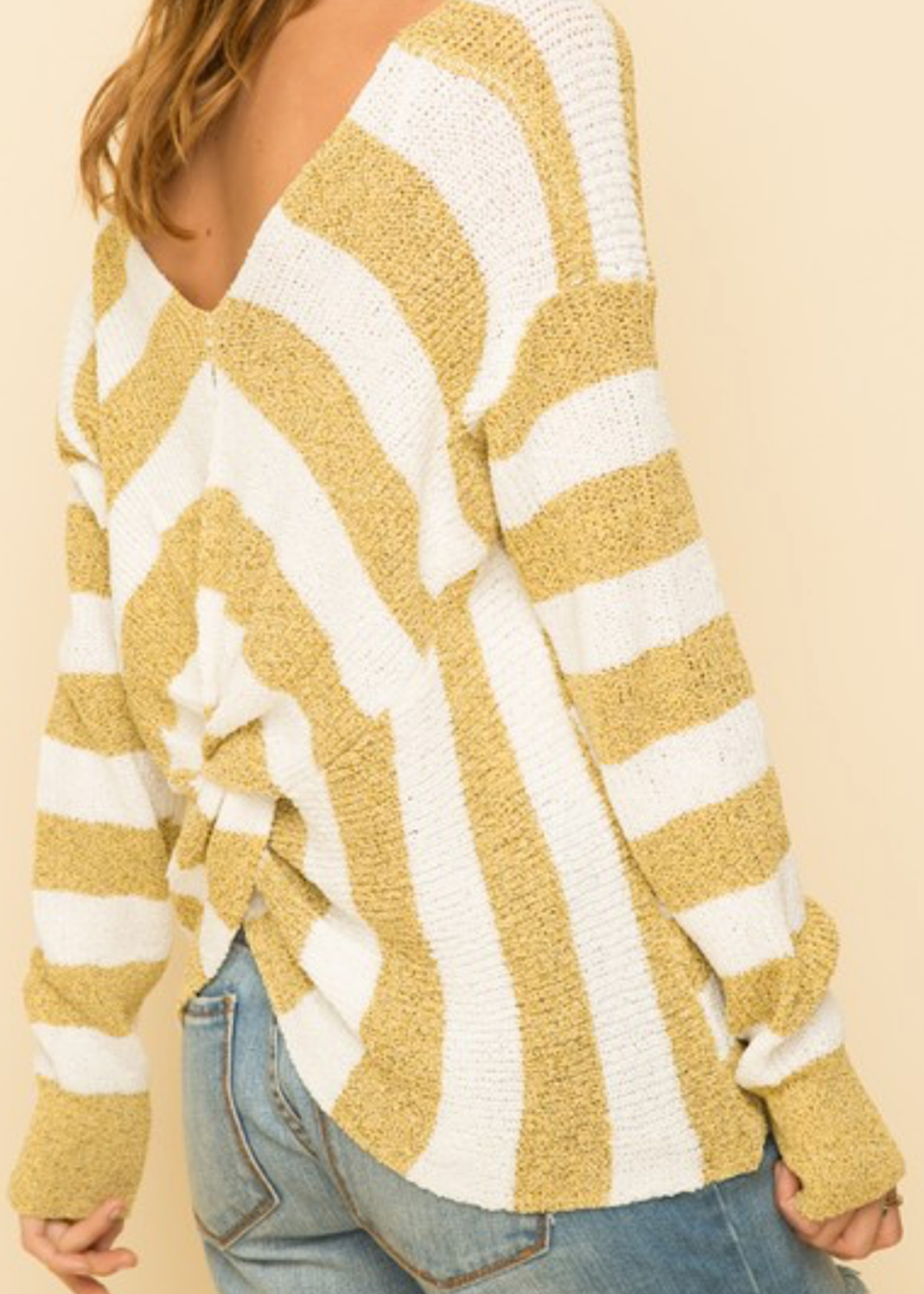 Mustard Knotted Back Stripe Pullover Sweater