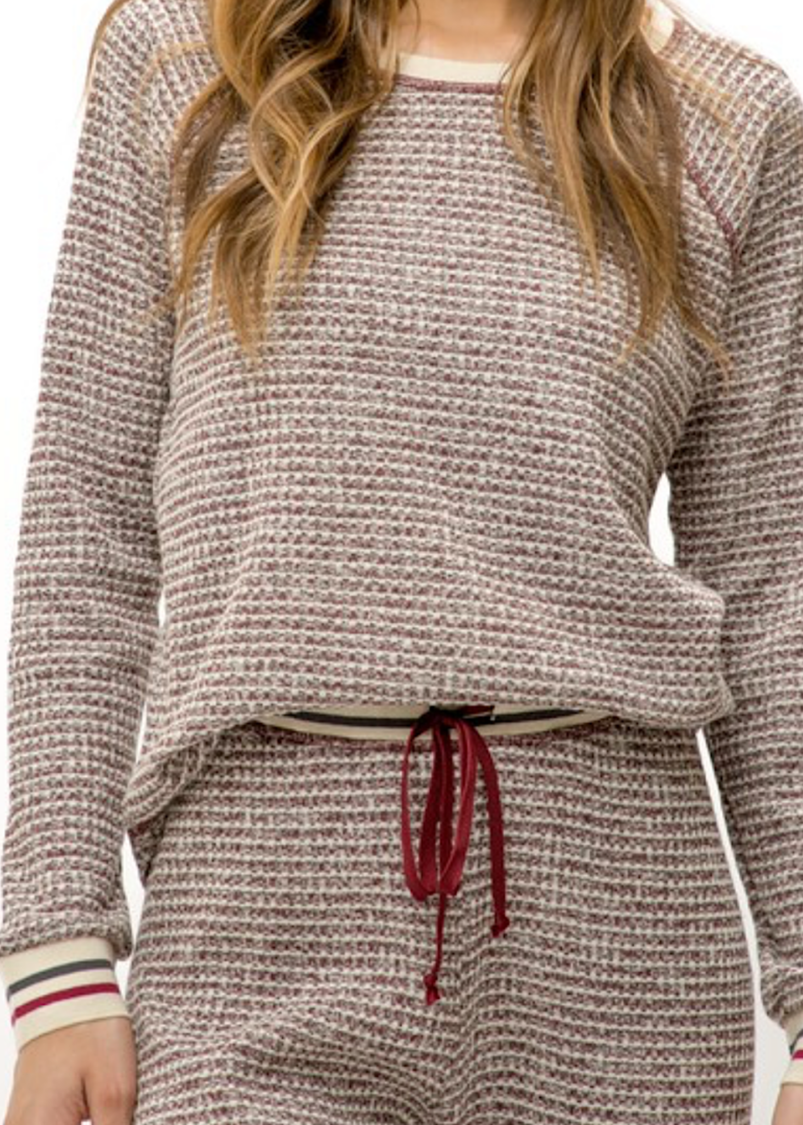Burgundy Mix Waffle Knit Raglan Top with Striped Bands