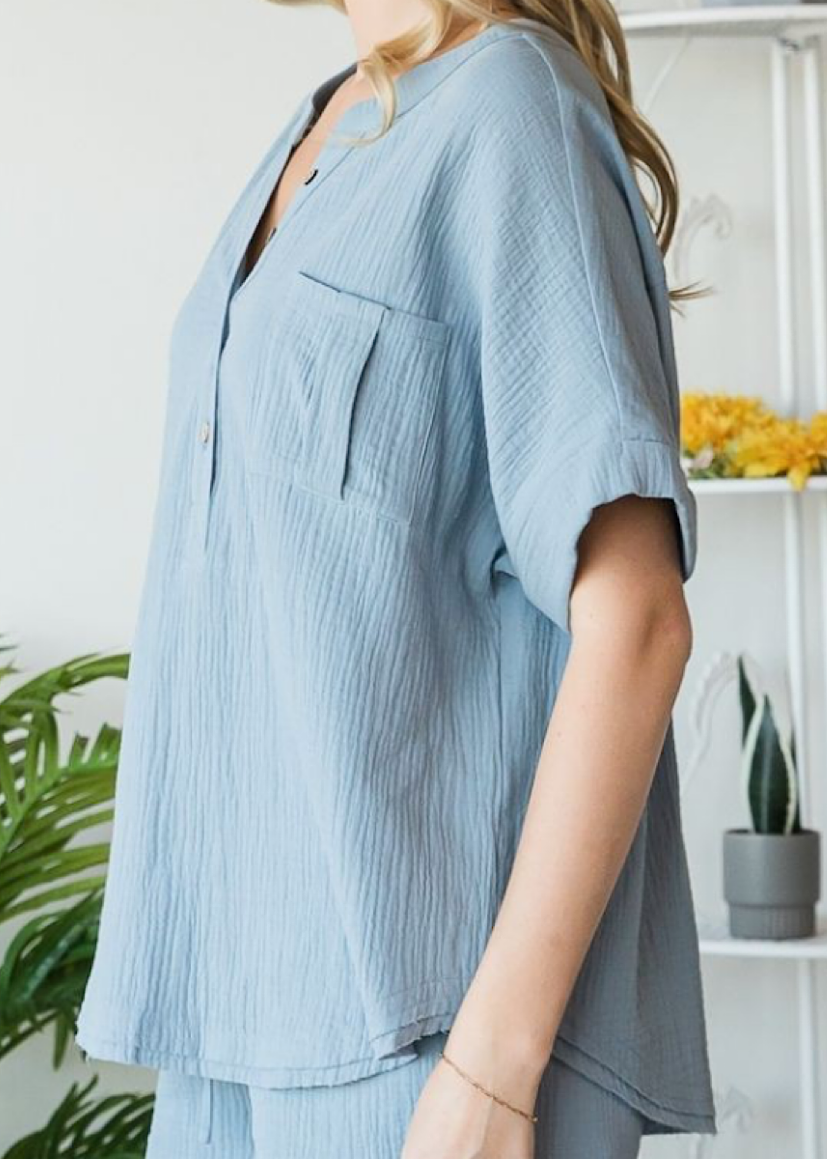 Plus Dusty Blue Gauze Button Down Shirt