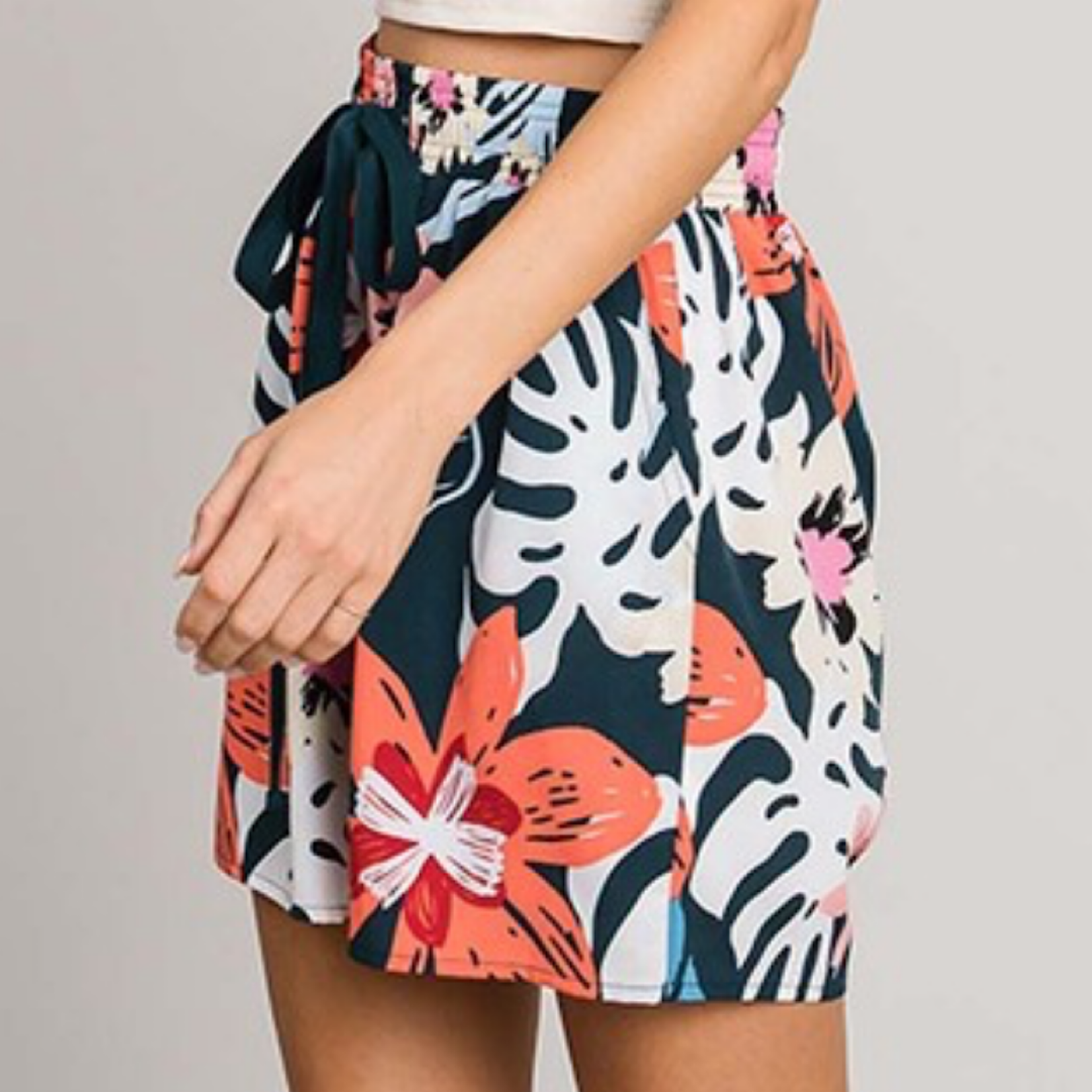 Teal Tropical Printed Shorts With Contrast Drawstring