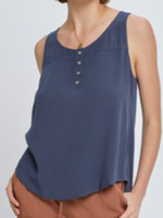 Charcoal Blue Scoop Neck Flowy Tank With 3/4 Metal Buttons