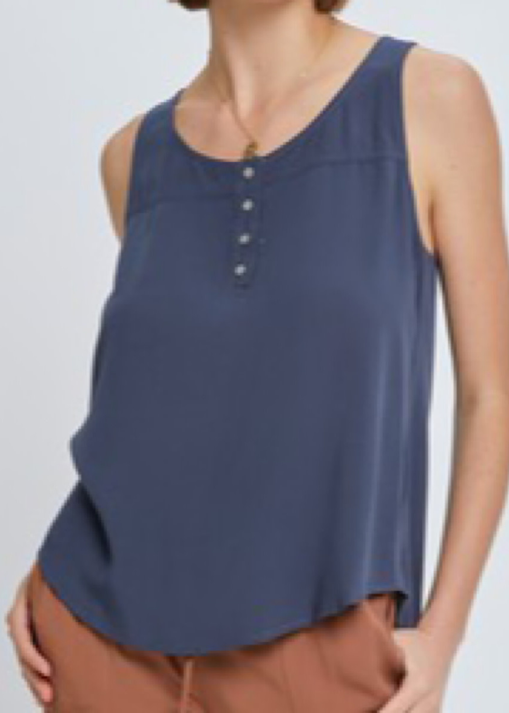 Charcoal Blue Scoop Neck Flowy Tank With 3/4 Metal Buttons