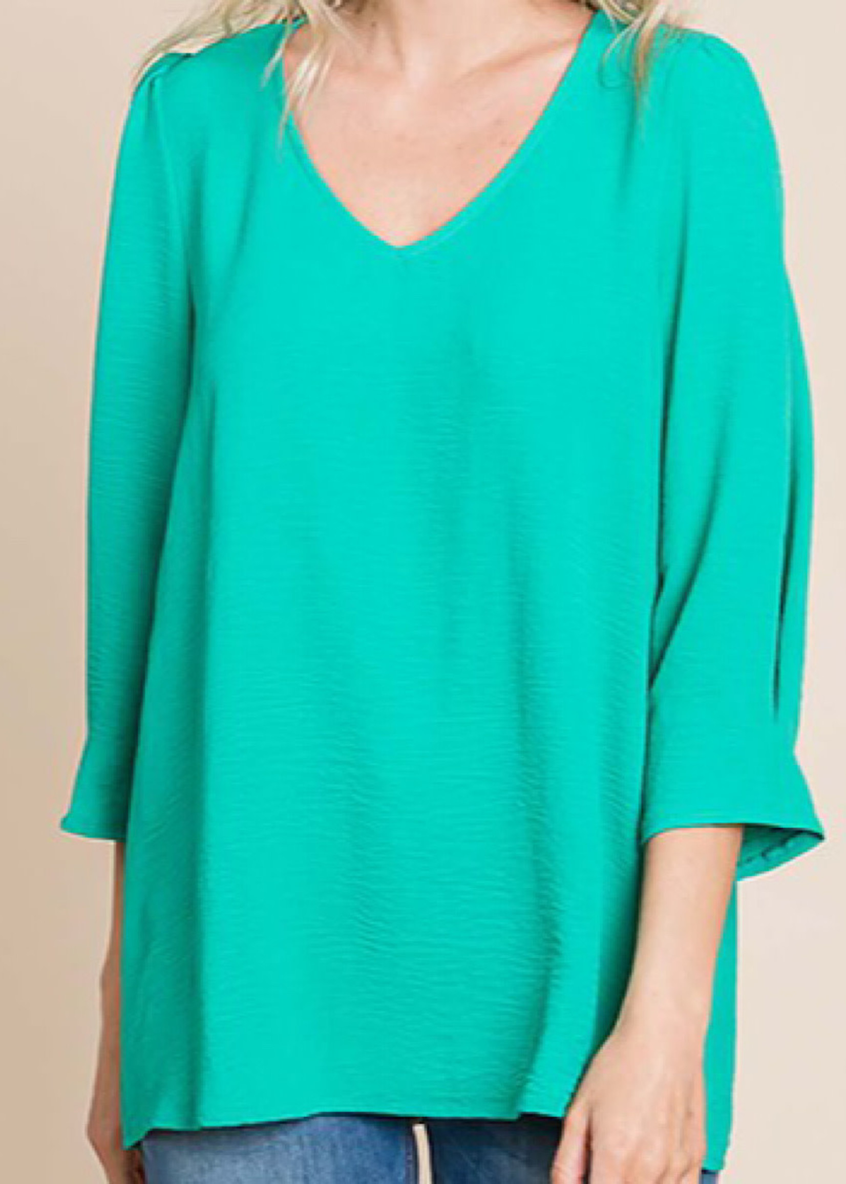 Kelly Green V-Neck Puff Sleeve Solid Top