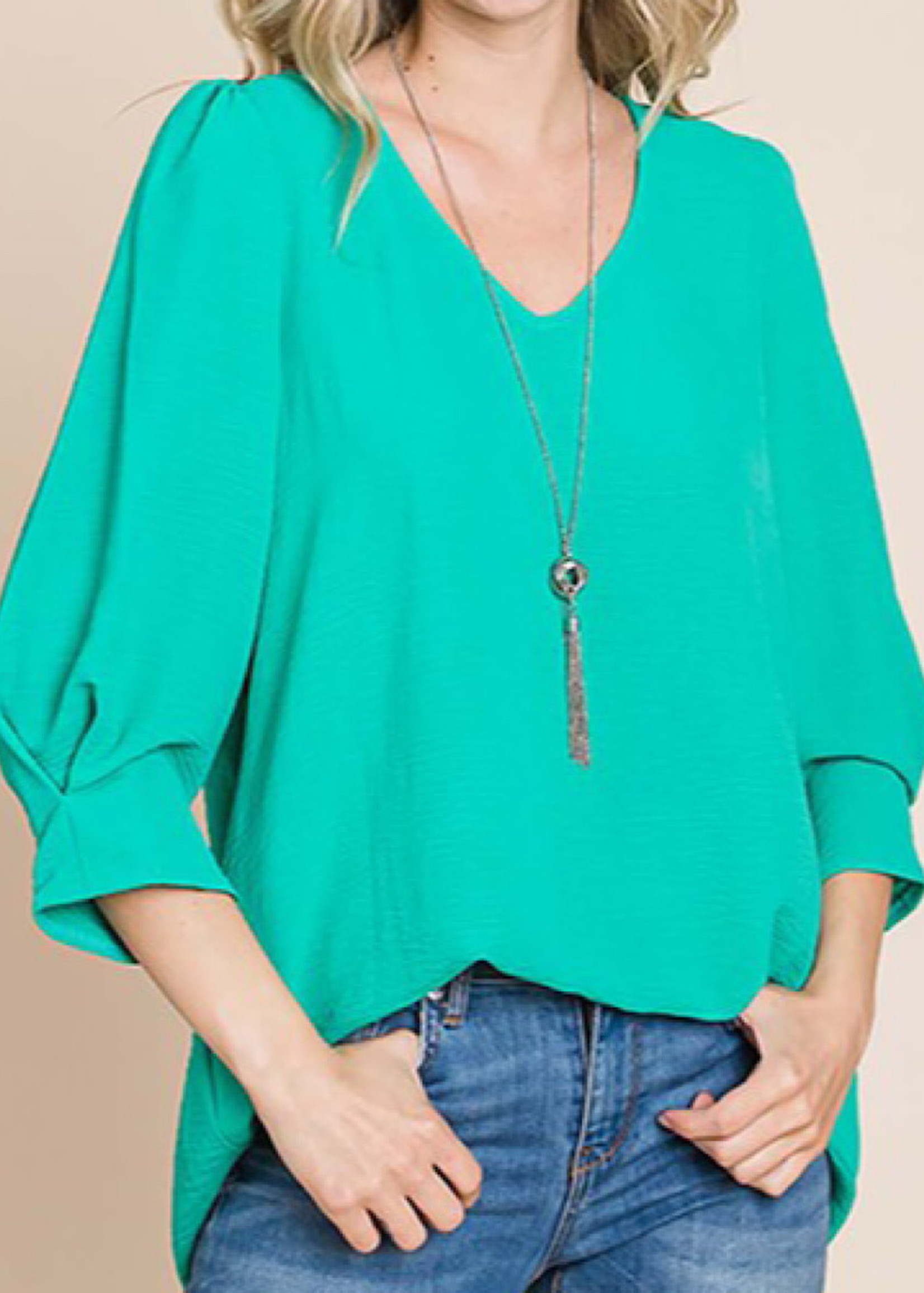 Kelly Green V-Neck Puff Sleeve Solid Top