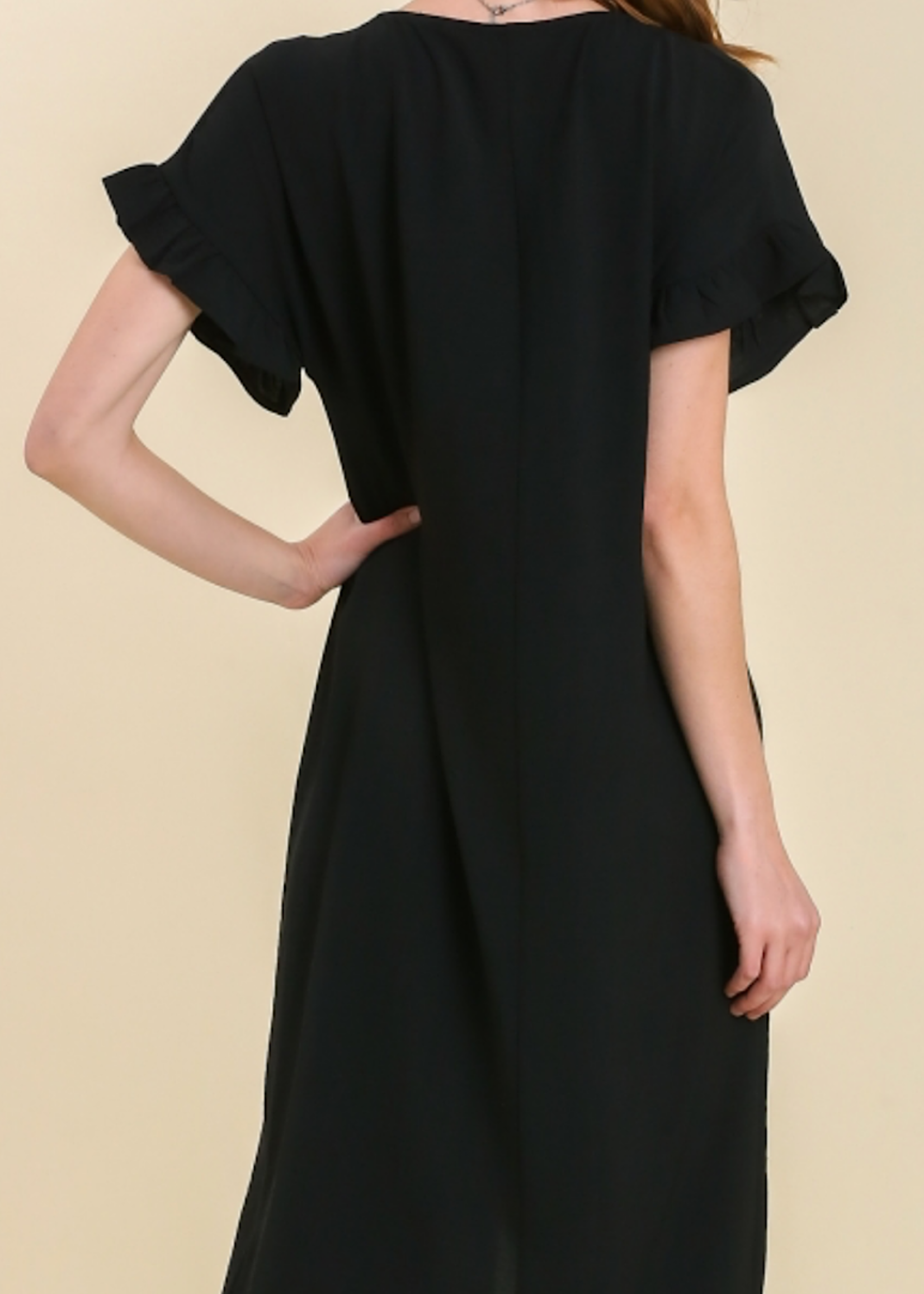 Black V-Neck Ruffle Sleeve Dress With Front Tie