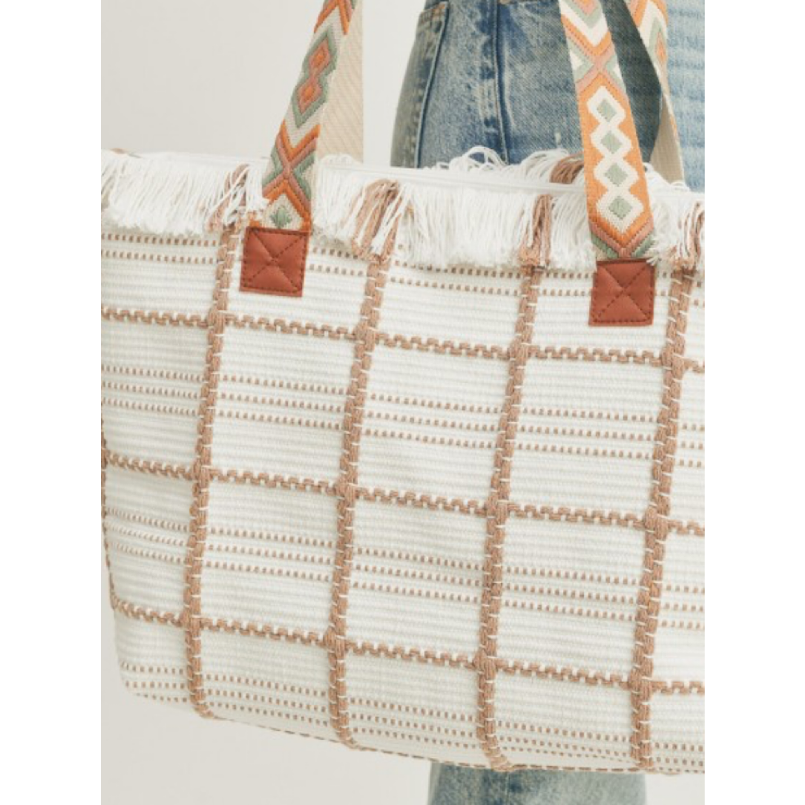 Woven Cotton Checkered Tote Bag