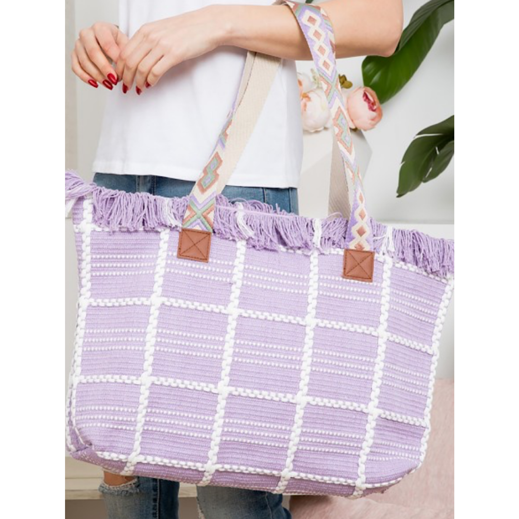 Woven Cotton Checkered Tote Bag