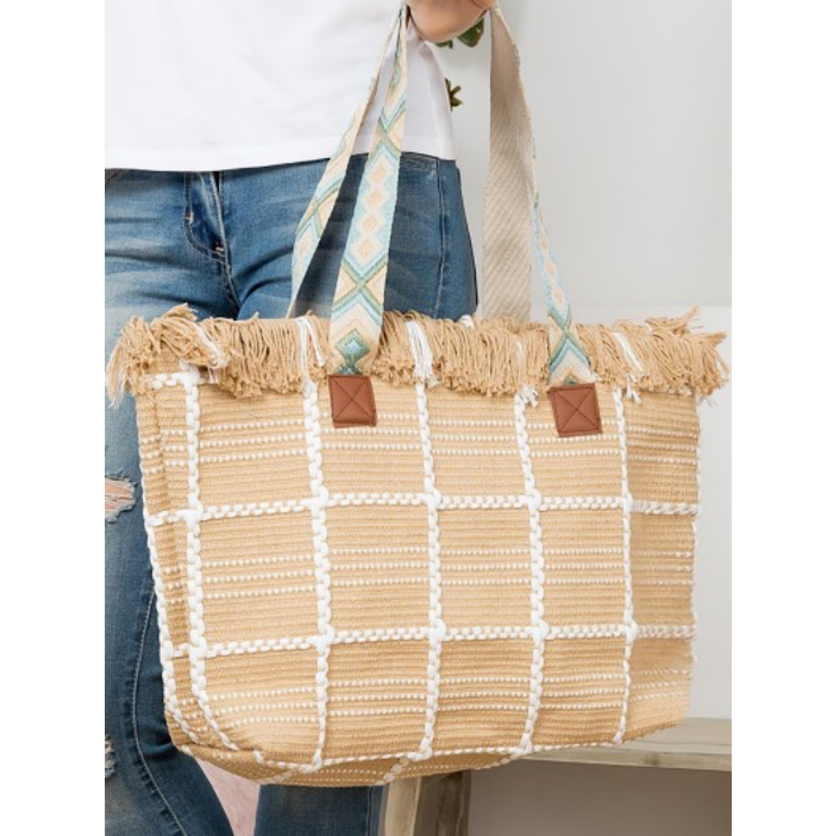 Woven Cotton Checkered Tote Bag