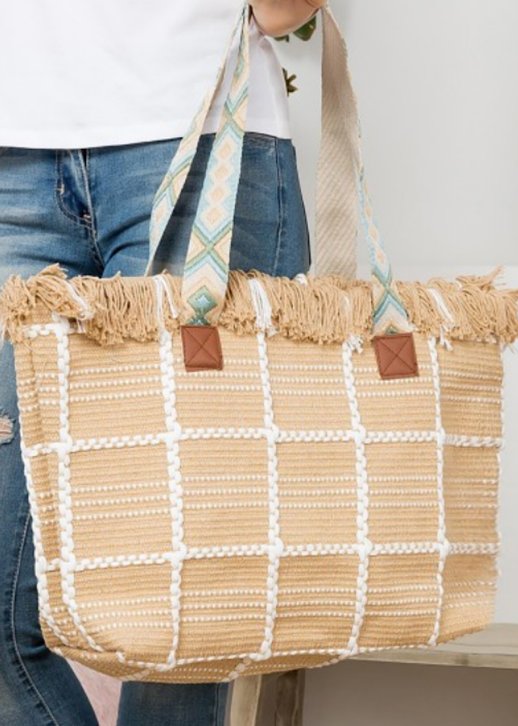 Woven Cotton Checkered Tote Bag