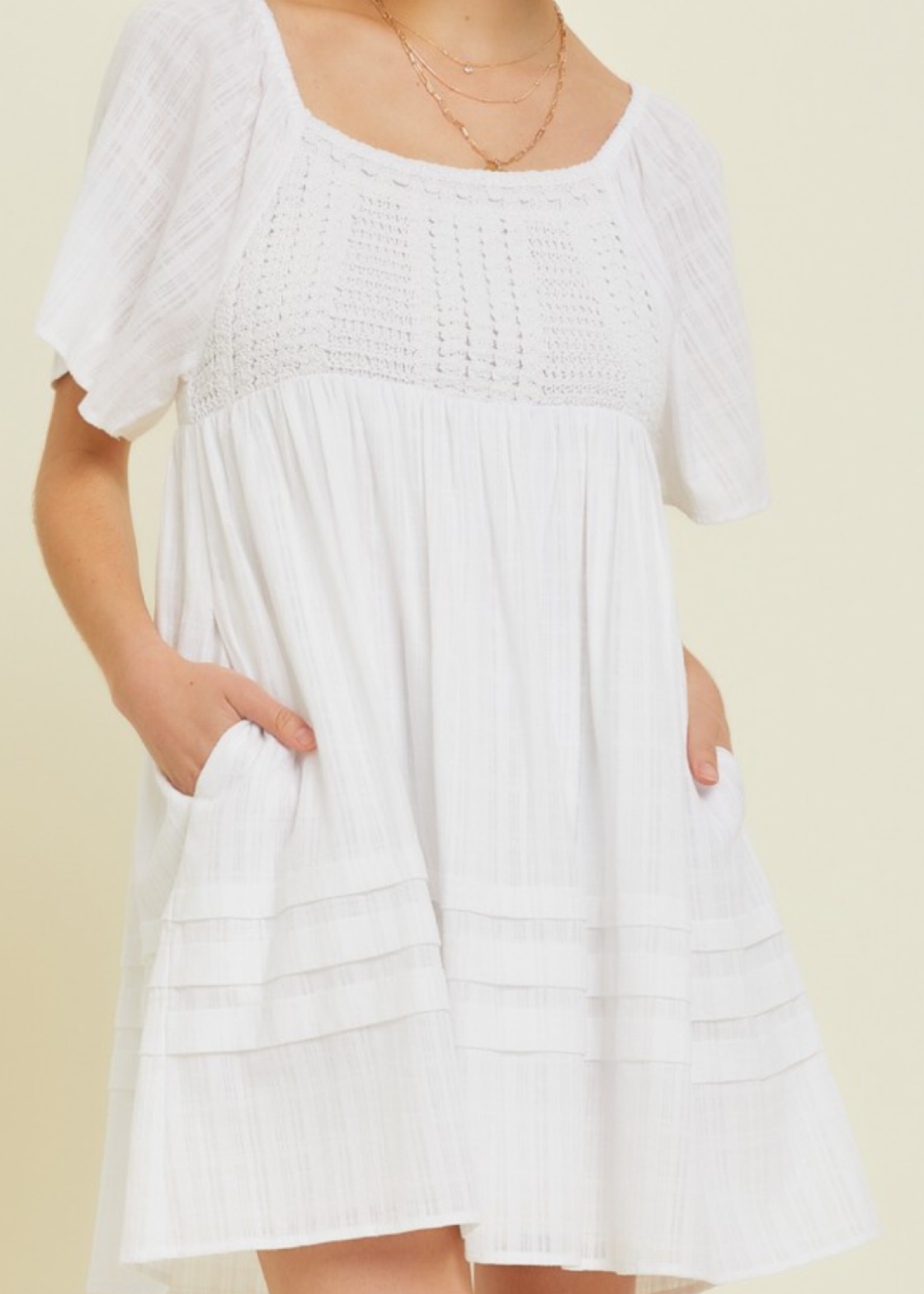 Off White Crochet Trimmed Square Neck Dress