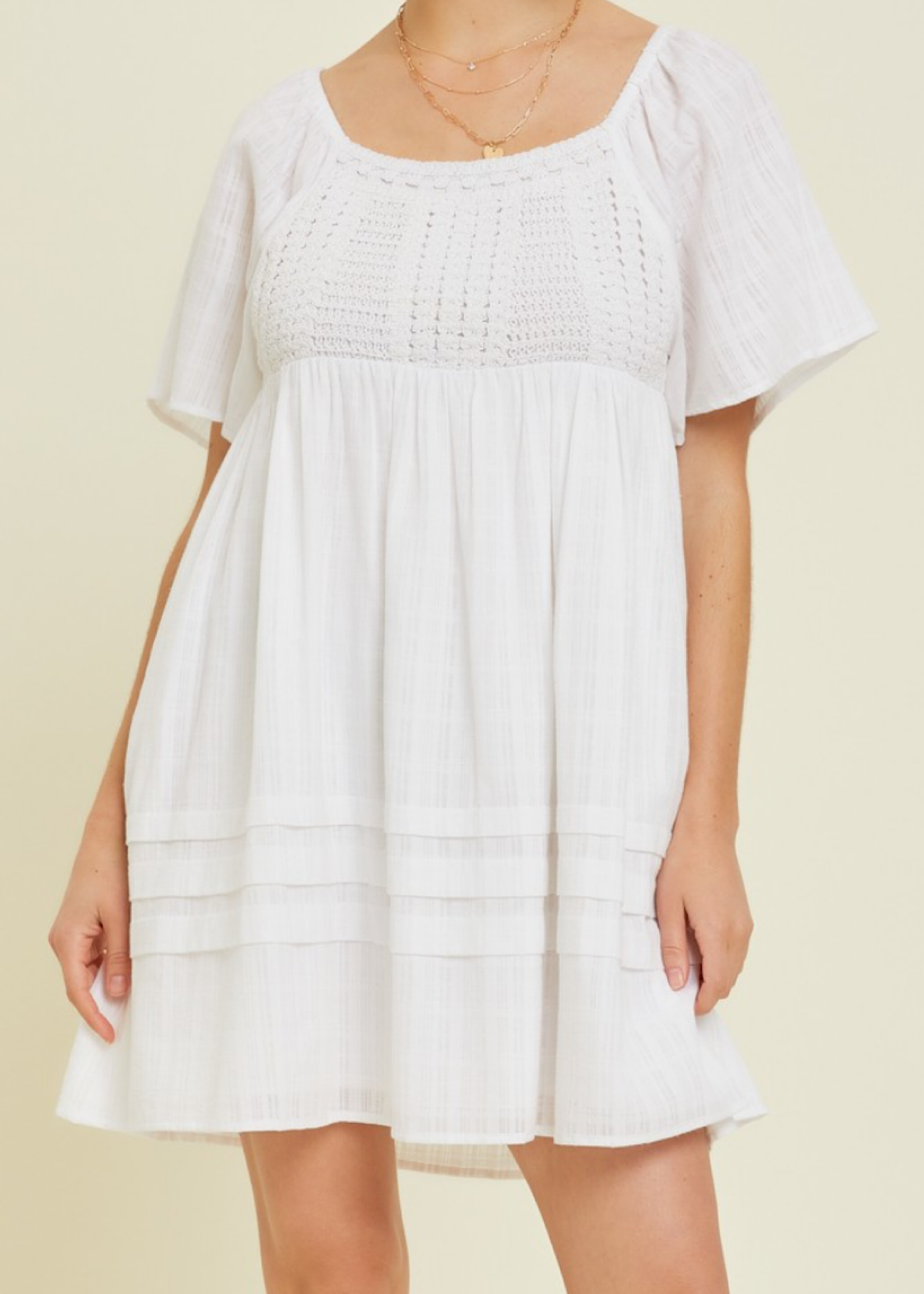 Off White Crochet Trimmed Square Neck Dress