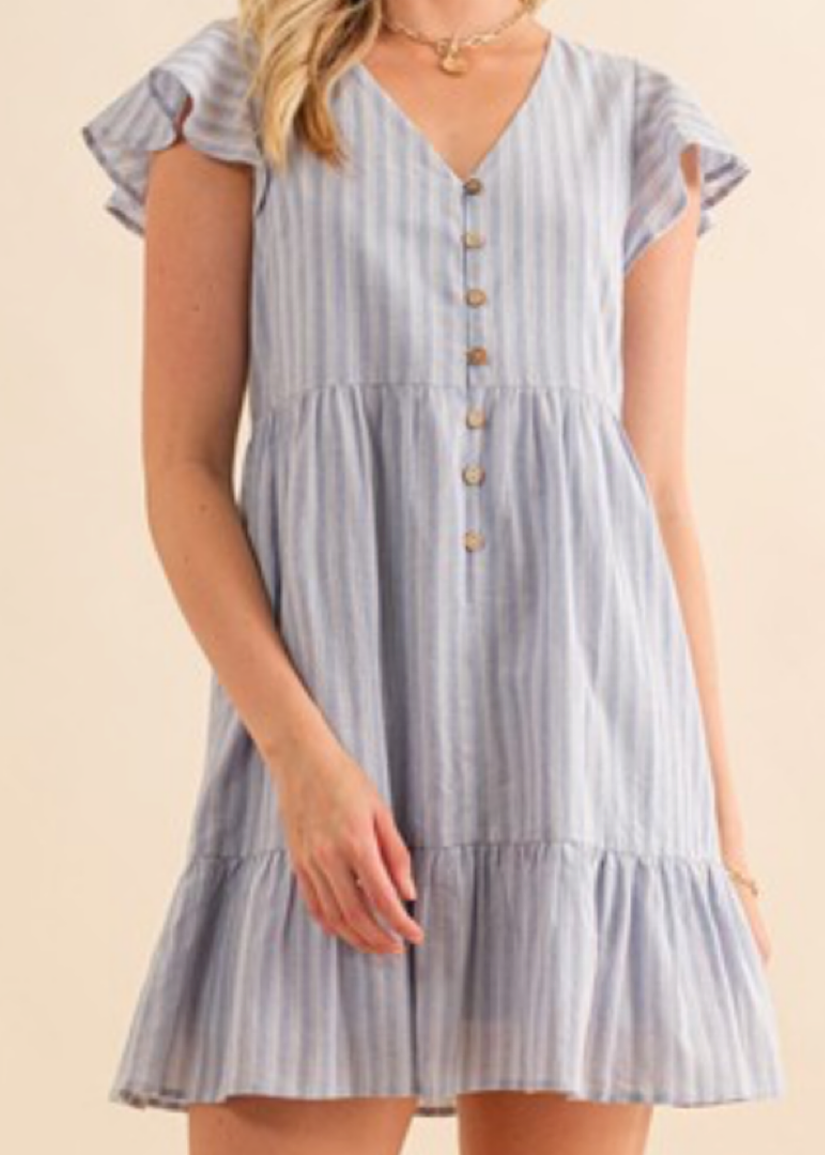 Blue Stripe Ruffle Cap Sleeve V Neck Mini Dress