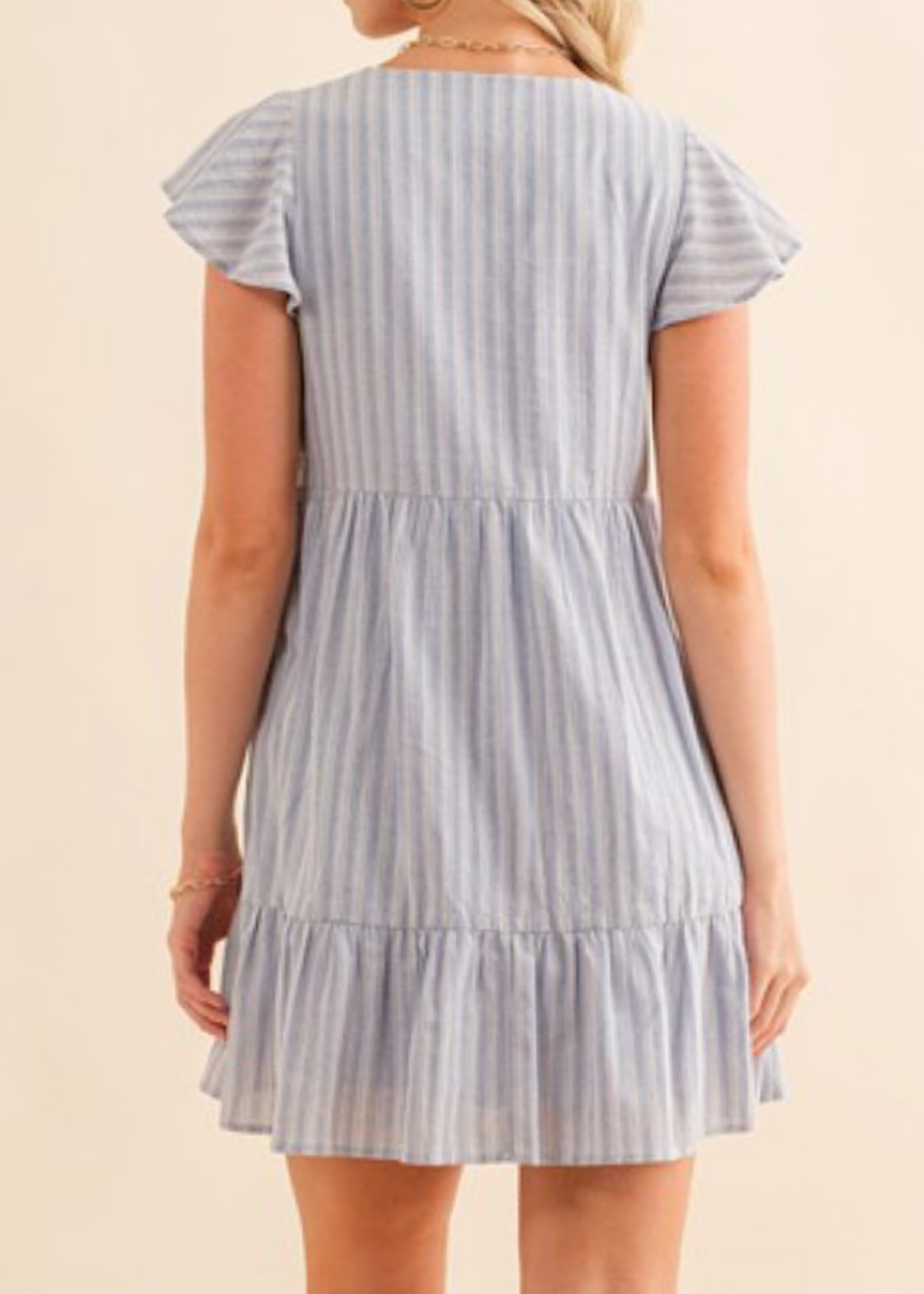 Blue Stripe Ruffle Cap Sleeve V Neck Mini Dress